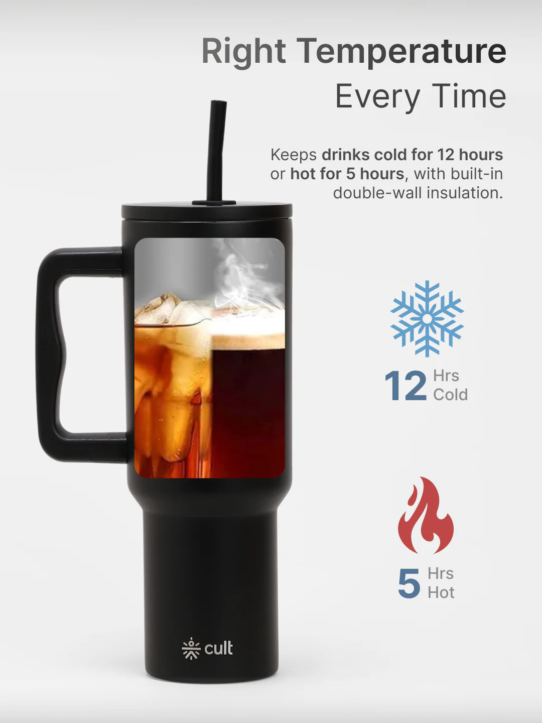 cult Steel Tumbler Double Vaccum Insulated for Hot and Cold 1200 ml Unisex Black with Straw - Image 5