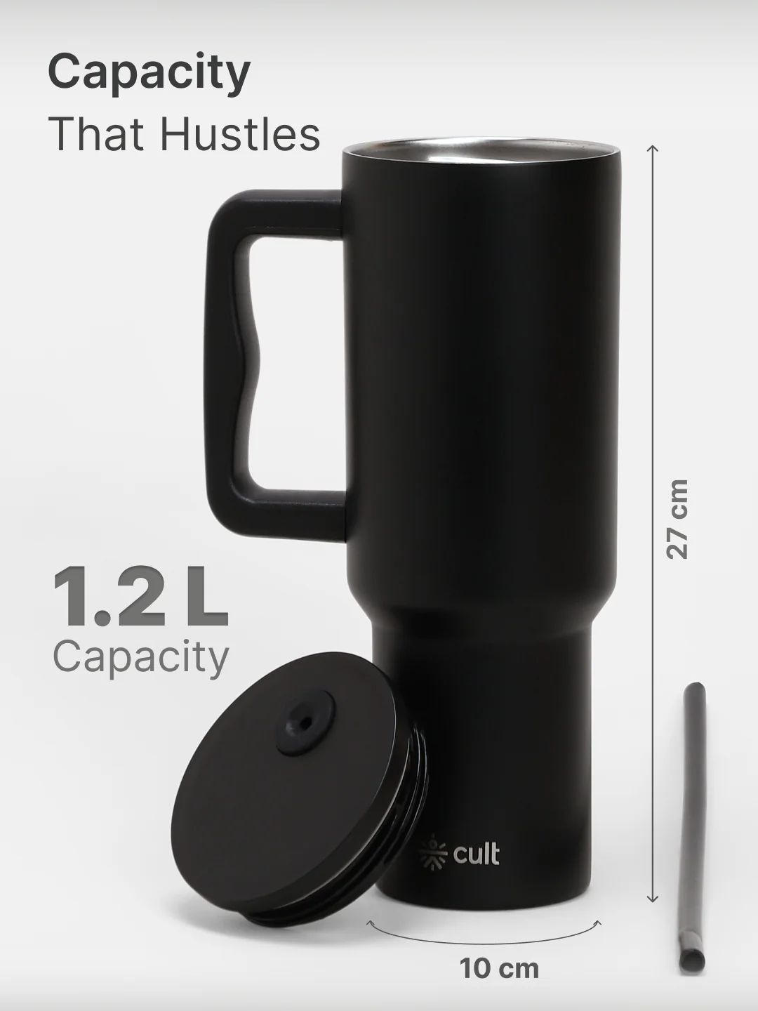 cult Steel Tumbler Double Vaccum Insulated for Hot and Cold 1200 ml Unisex Black with Straw - Image 6