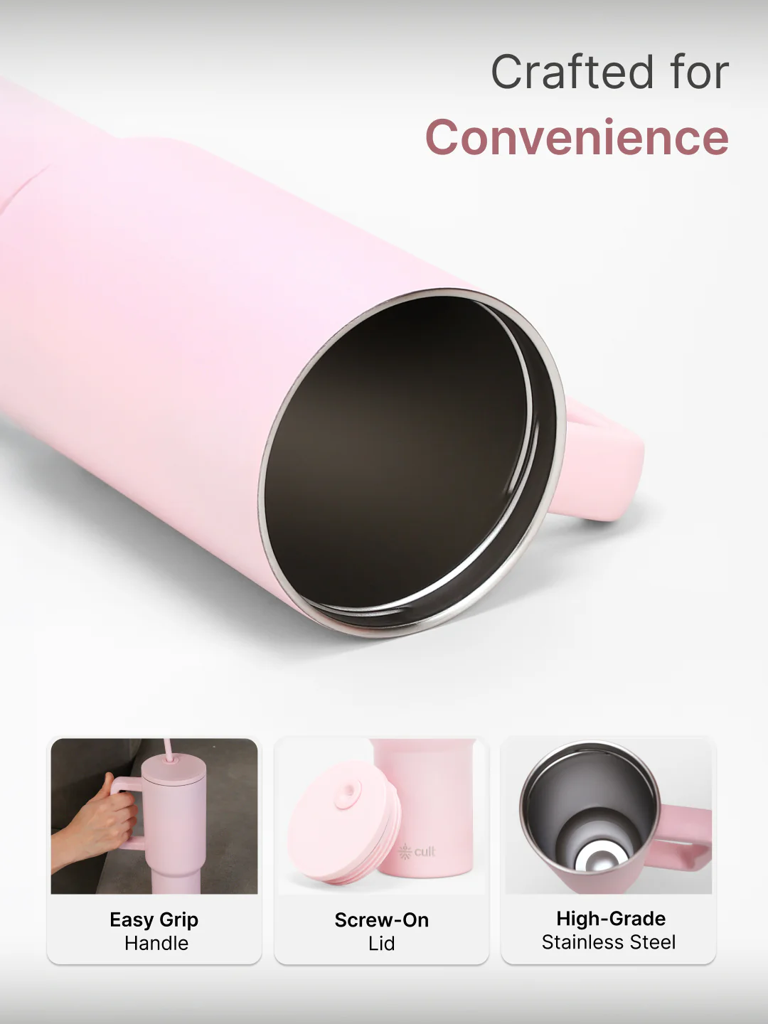 cult Steel Tumbler Double Vaccum Insulated for Hot and Cold 1200 ml Unisex Pink with Straw - Image 3