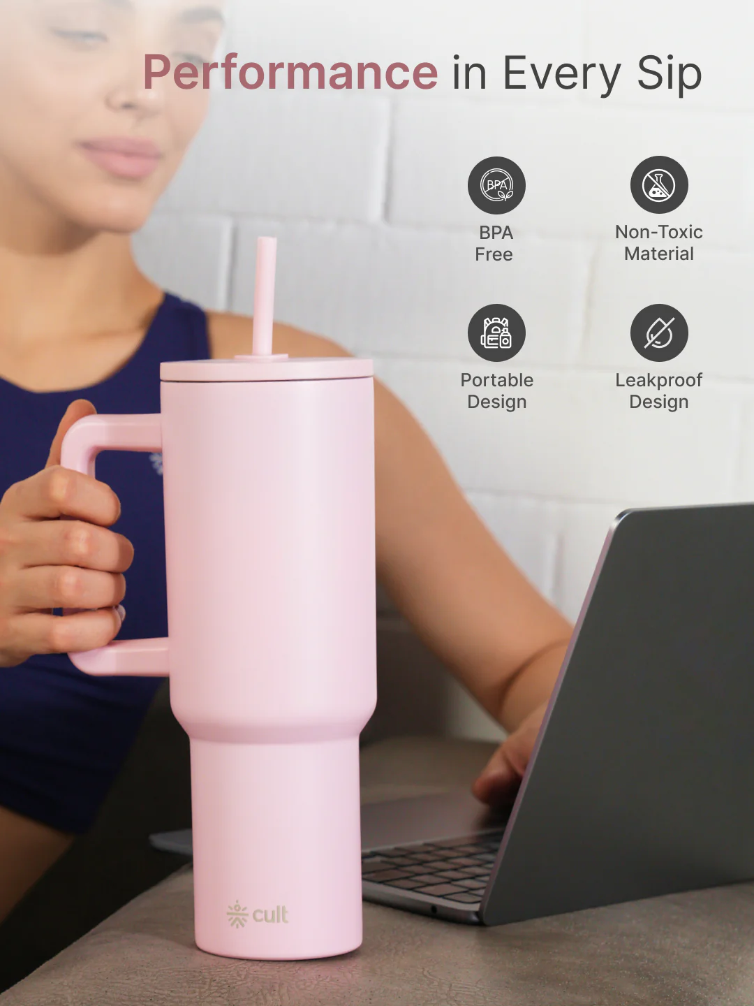 cult Steel Tumbler Double Vaccum Insulated for Hot and Cold 1200 ml Unisex Pink with Straw - Image 4