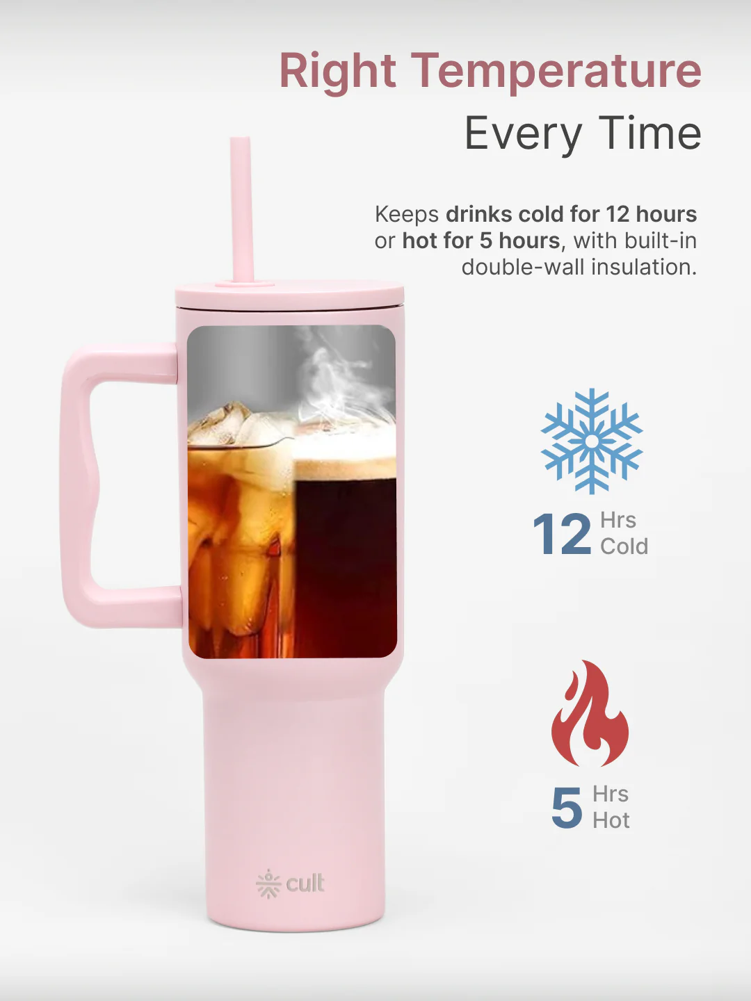 cult Steel Tumbler Double Vaccum Insulated for Hot and Cold 1200 ml Unisex Pink with Straw - Image 5