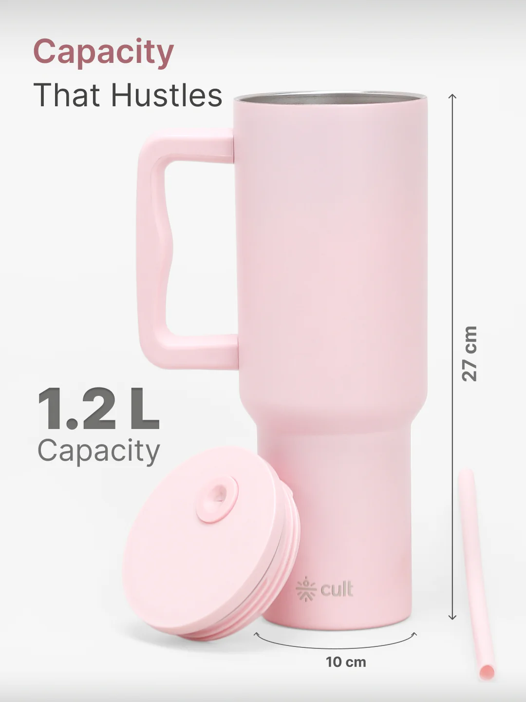 cult Steel Tumbler Double Vaccum Insulated for Hot and Cold 1200 ml Unisex Pink with Straw - Image 6