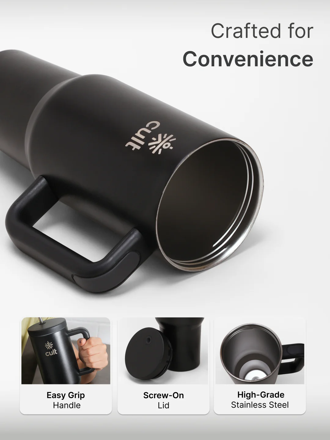 cult Tumbler 1200ML Steel Straw with Straw Cap and Cleaner Unisex Black - Image 3