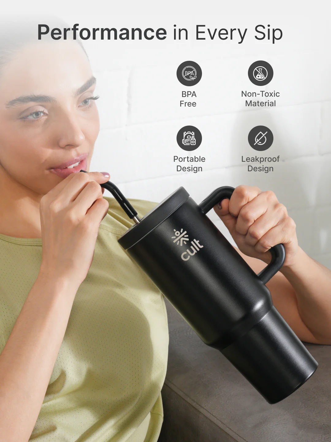 cult Tumbler 1200ML Steel Straw with Straw Cap and Cleaner Unisex Black - Image 4