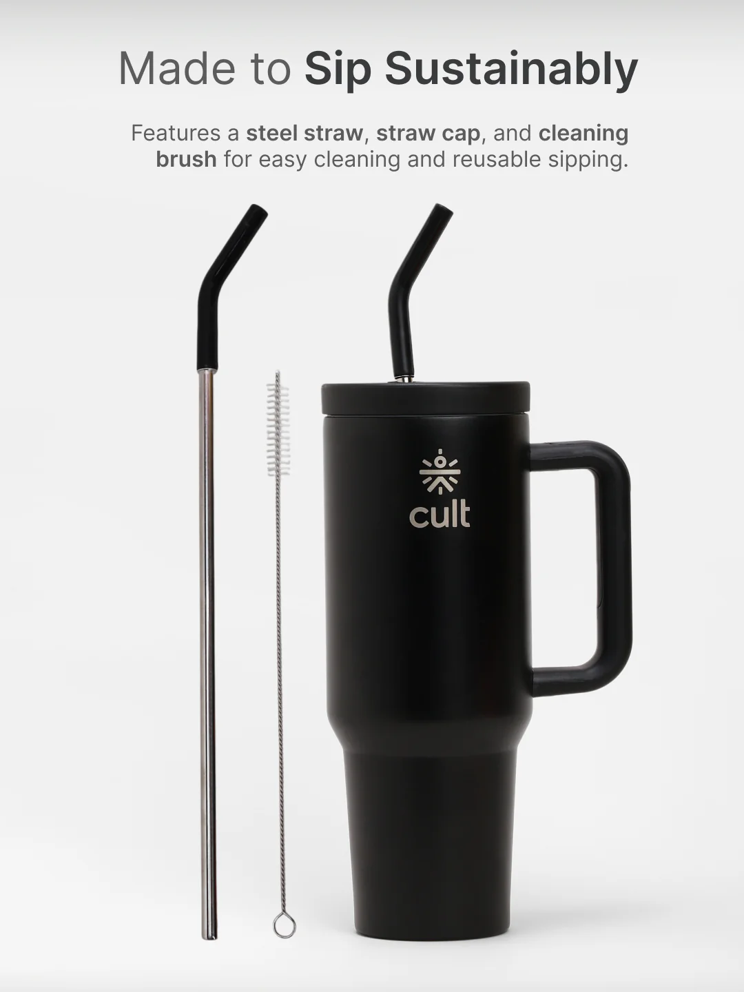 cult Tumbler 1200ML Steel Straw with Straw Cap and Cleaner Unisex Black - Image 6