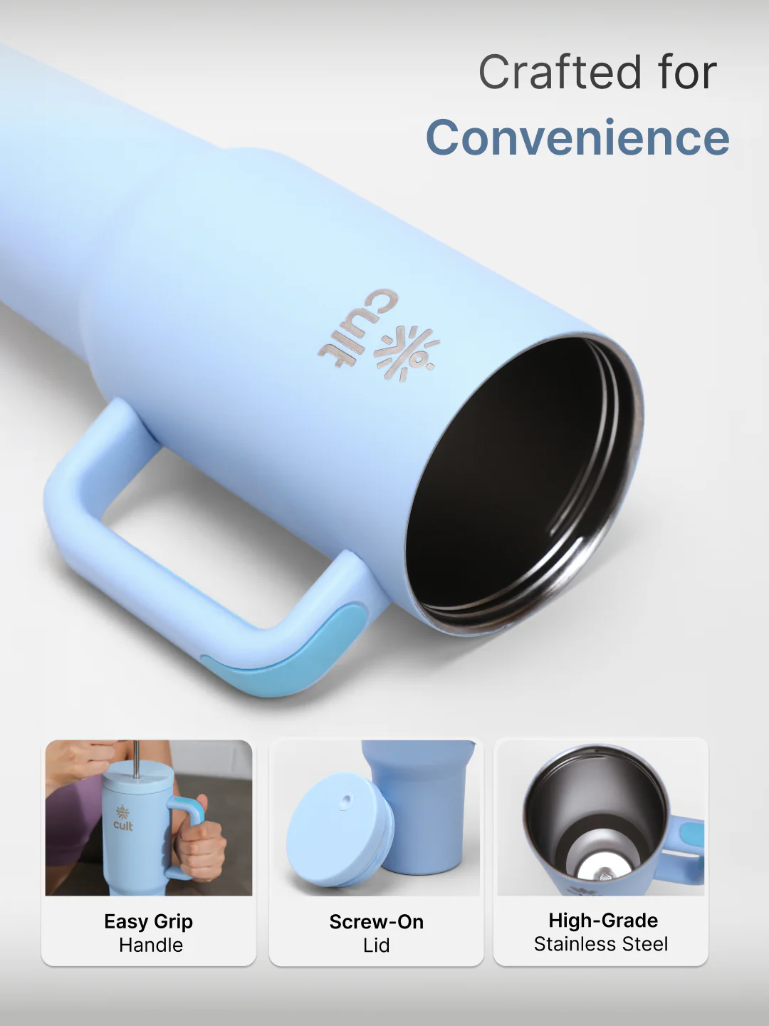 cult Tumbler 1200ML Steel Straw with Straw Cap and Cleaner Unisex Blue - Image 3