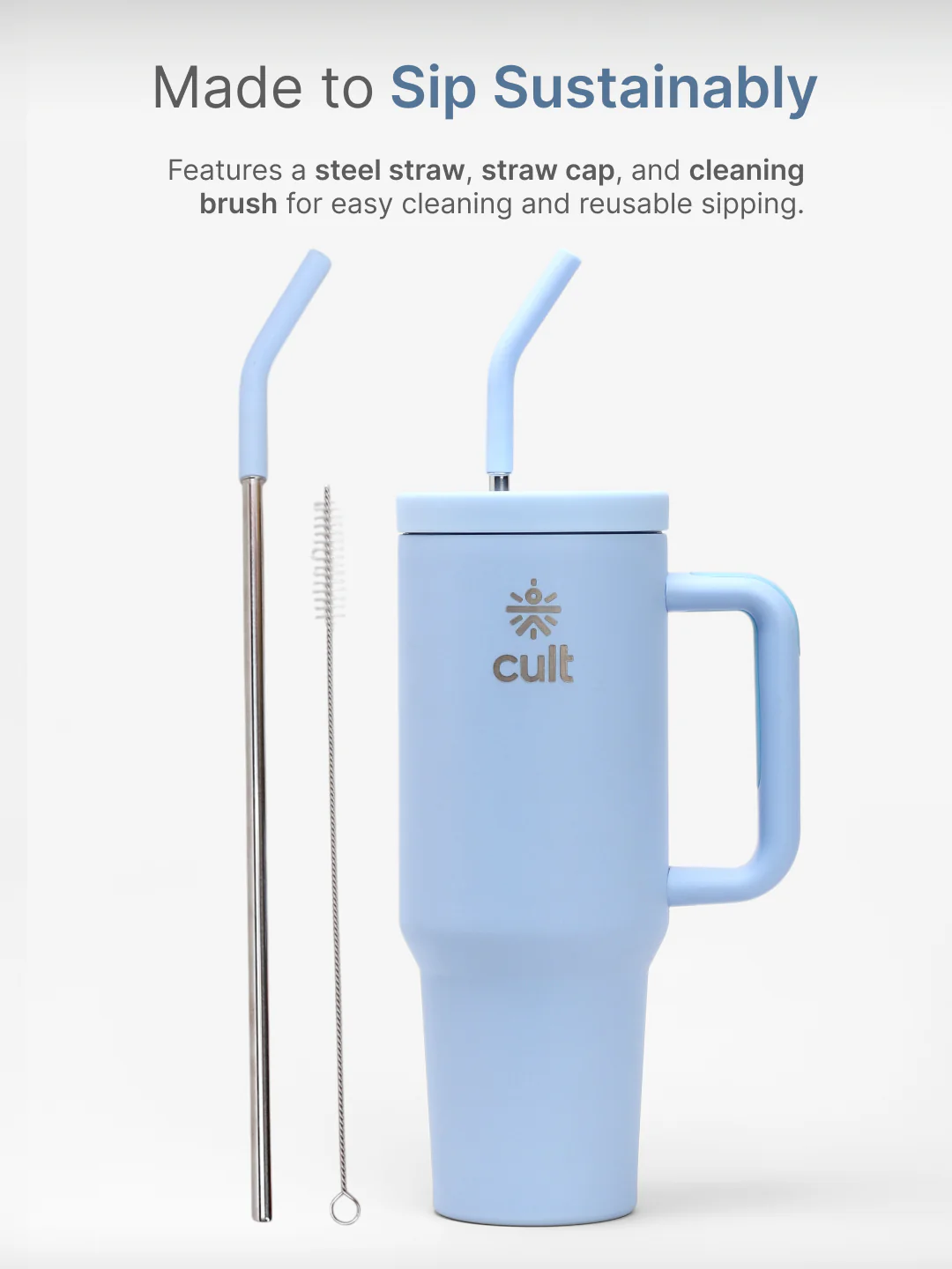 cult Tumbler 1200ML Steel Straw with Straw Cap and Cleaner Unisex Blue - Image 6
