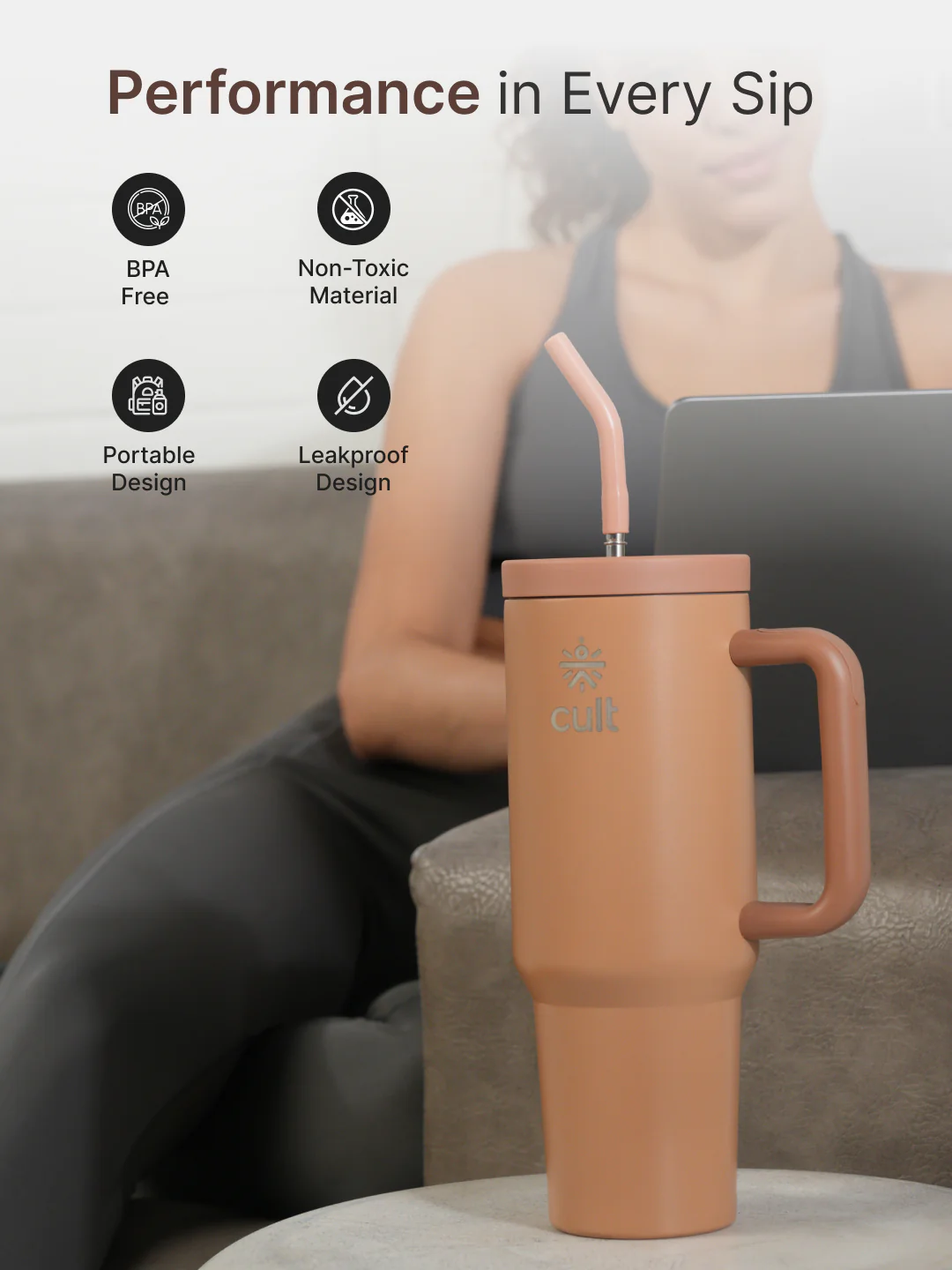 cult Tumbler 1200ML Steel Straw with Straw Cap and Cleaner Unisex Brown - Image 4