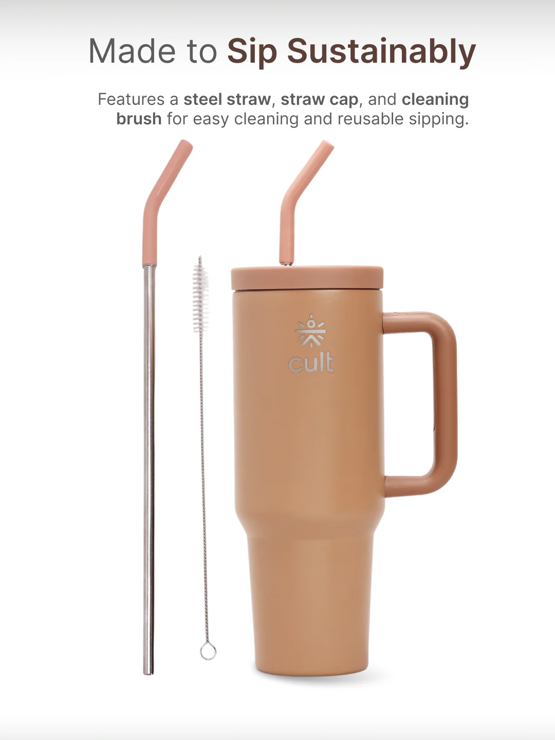 cult Tumbler 1200ML Steel Straw with Straw Cap and Cleaner Unisex Brown - Image 6