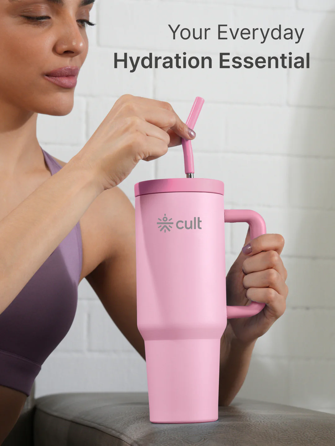 cult Tumbler 1200ML Steel Straw with Straw Cap and Cleaner Unisex Pink - Image 2