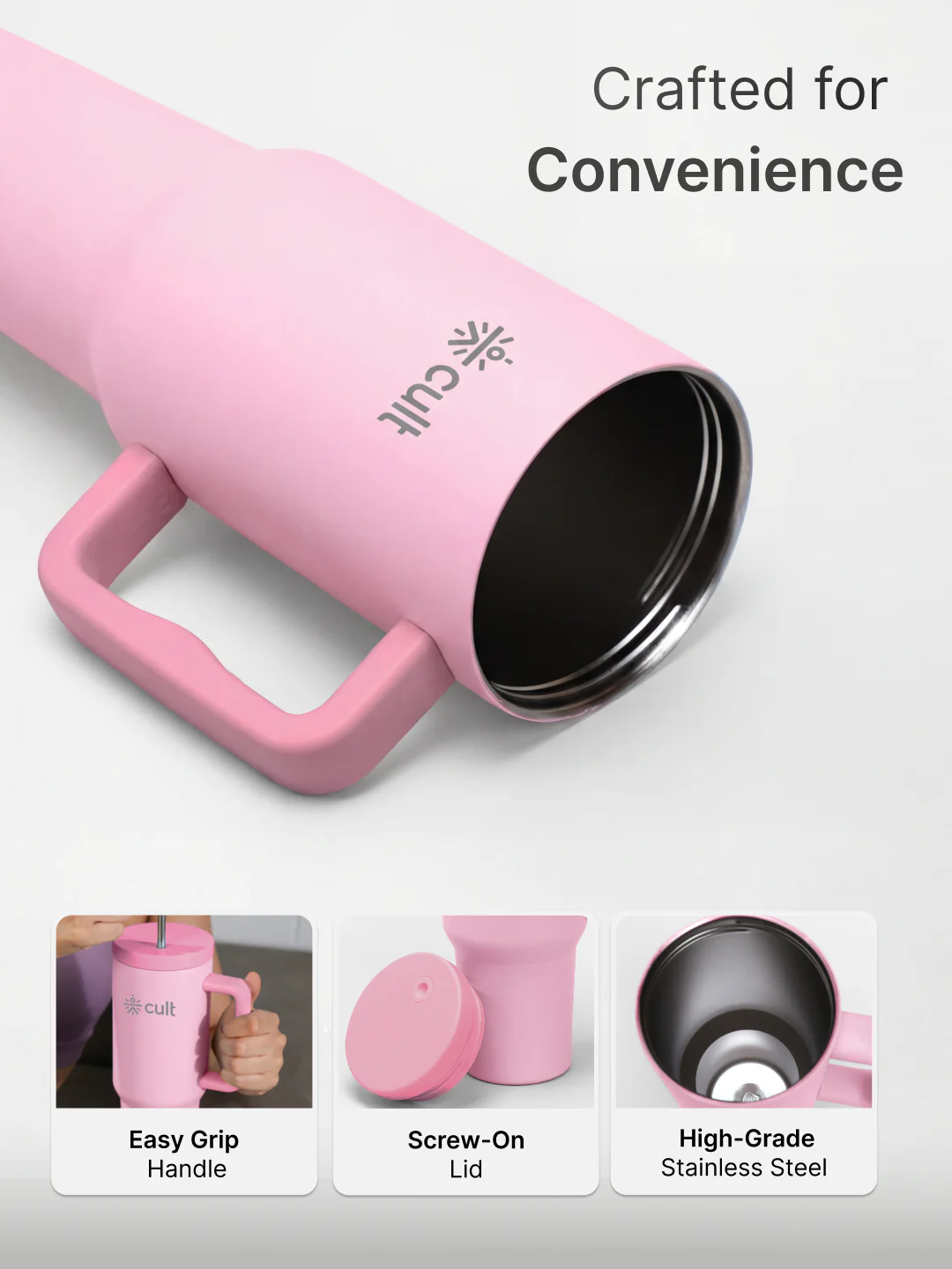 cult Tumbler 1200ML Steel Straw with Straw Cap and Cleaner Unisex Pink - Image 3