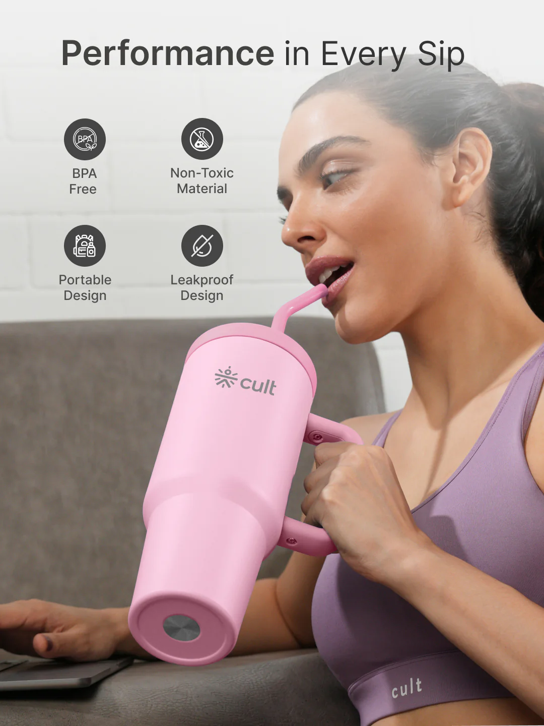cult Tumbler 1200ML Steel Straw with Straw Cap and Cleaner Unisex Pink - Image 4