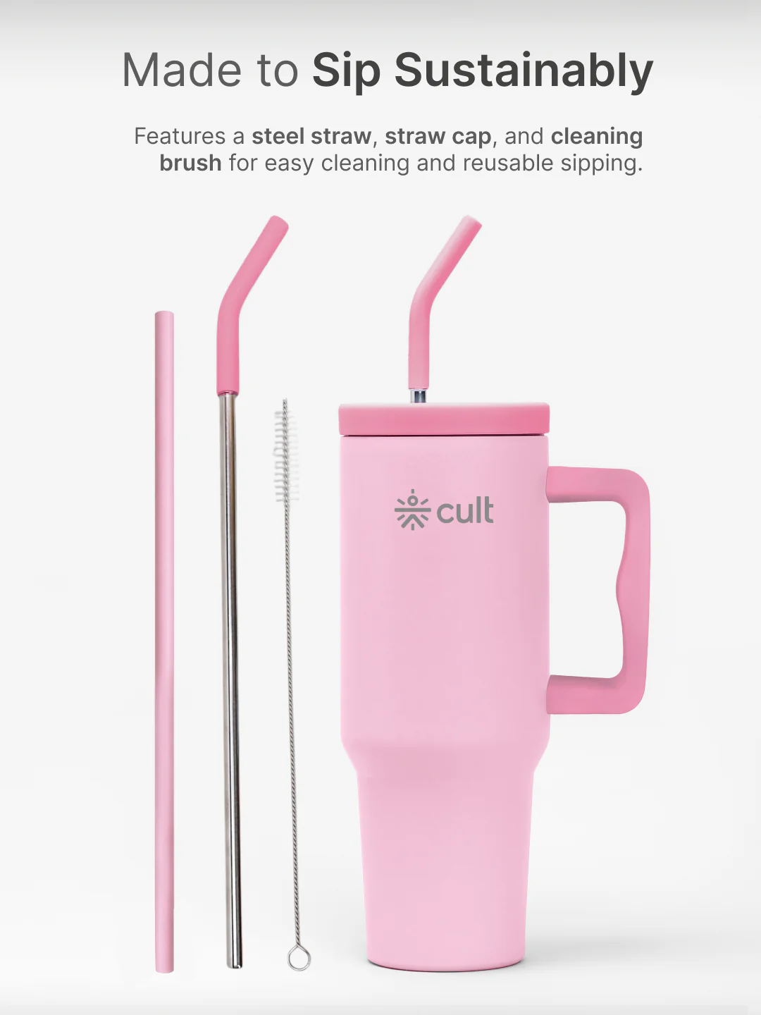cult Tumbler 1200ML Steel Straw with Straw Cap and Cleaner Unisex Pink - Image 6
