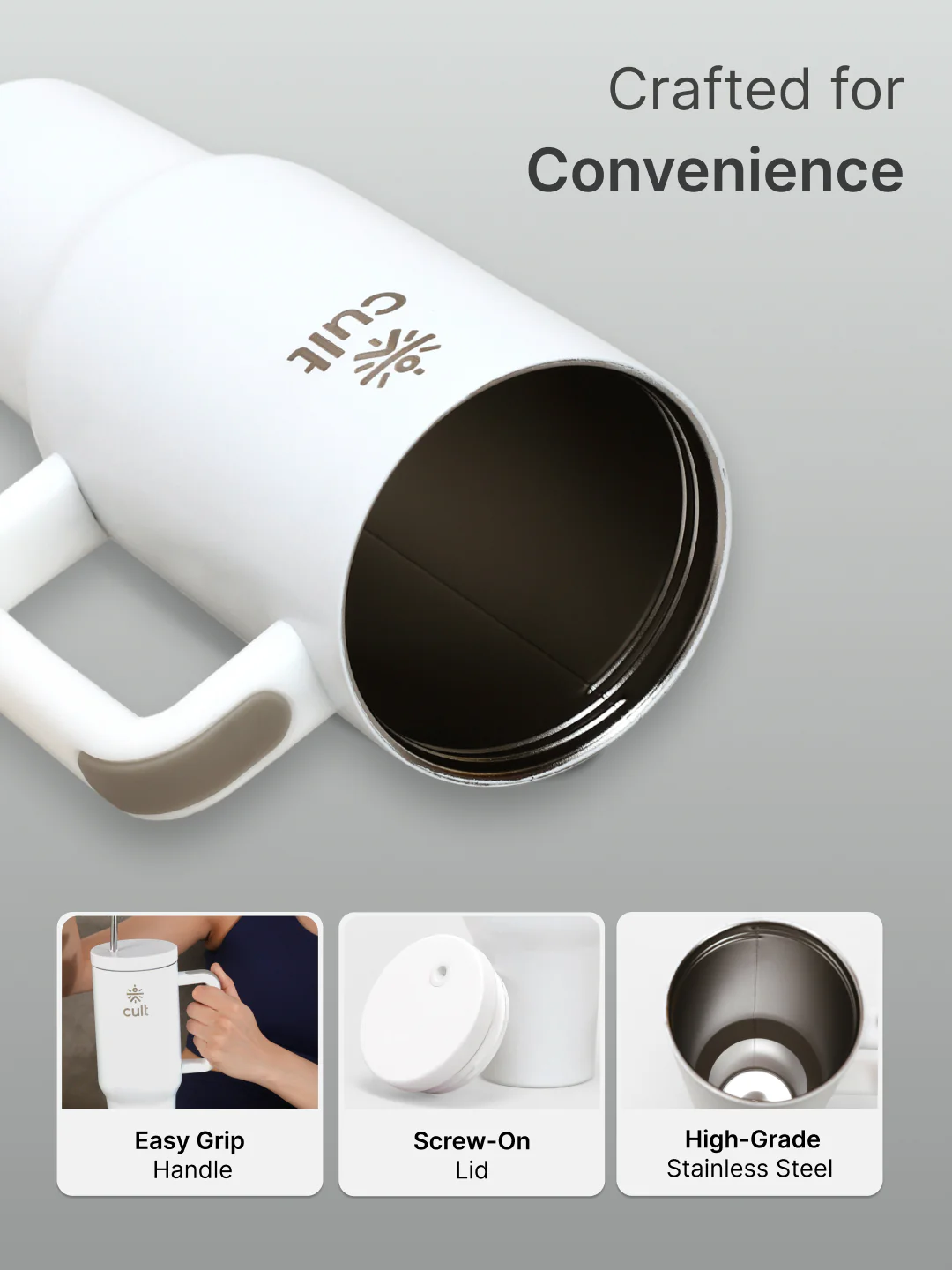 cult Tumbler 1200ML Steel Straw with Straw Cap and Cleaner Unisex White - Image 3