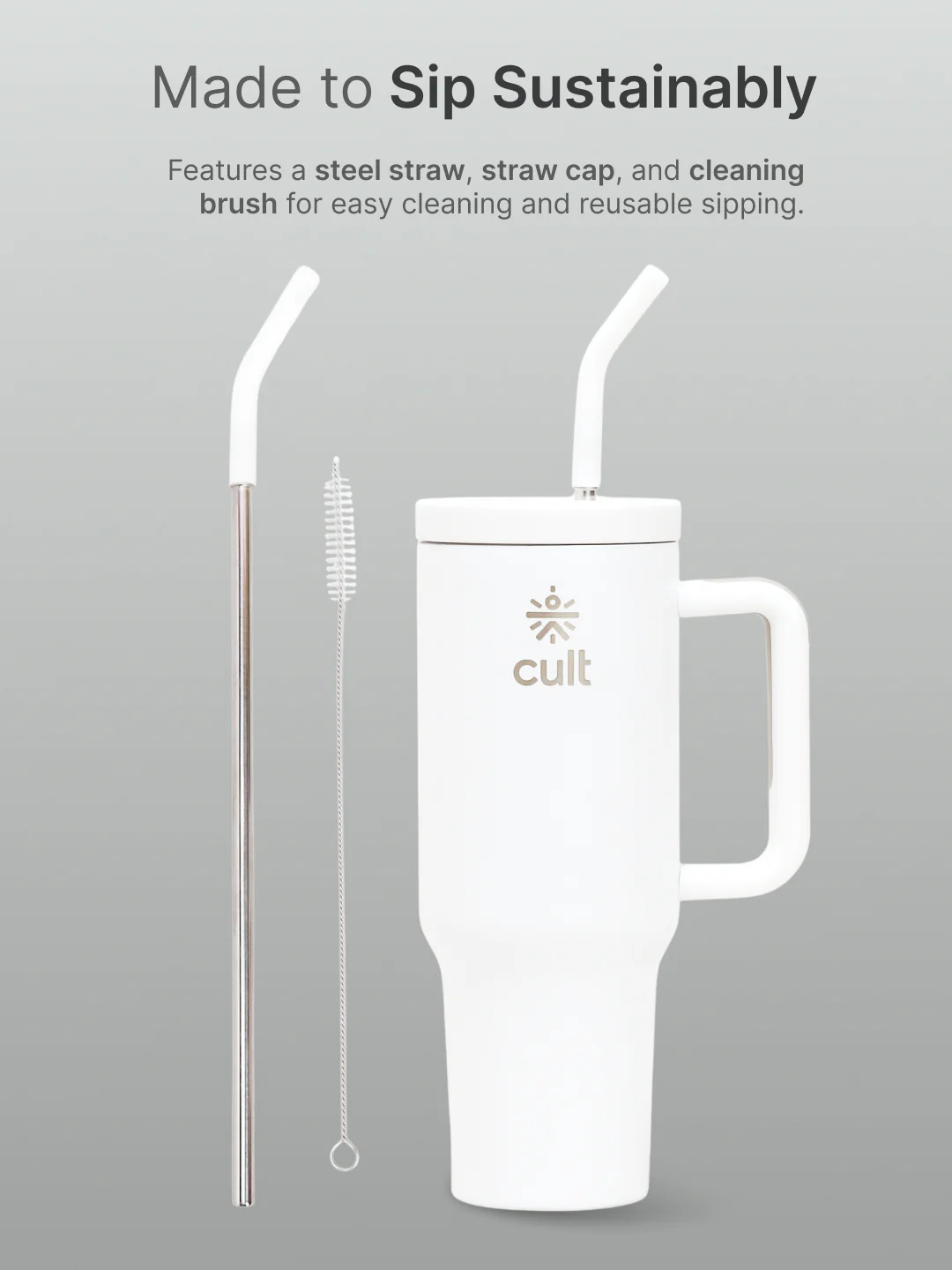 cult Tumbler 1200ML Steel Straw with Straw Cap and Cleaner Unisex White - Image 6