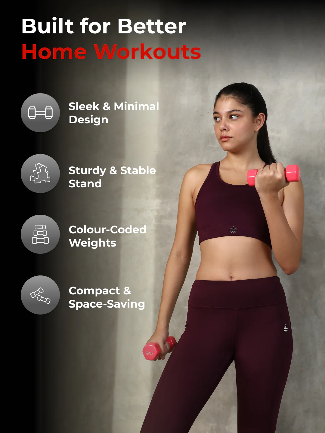 Cult Vinyl Dumbbells Combo for Home Gym Exercise (1kg + 3kg + 4kg Set) 16kg | Dumbbells with Rack - Image 4