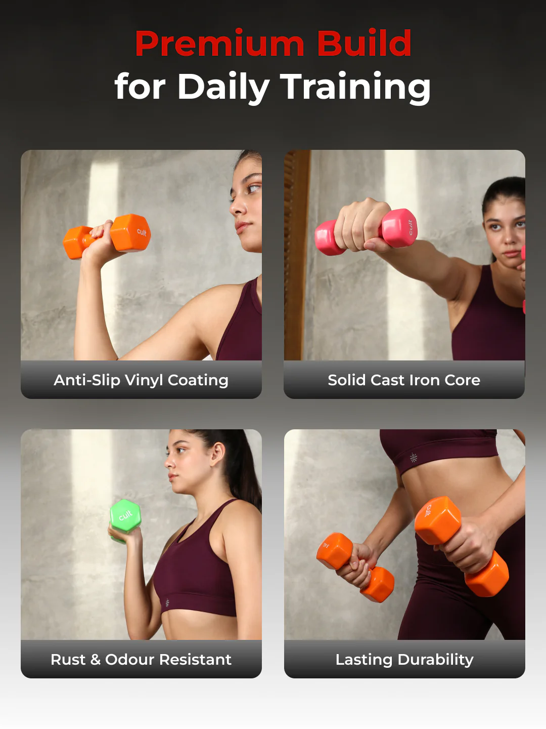 Cult Vinyl Dumbbells Combo for Home Gym Exercise (1kg + 3kg + 4kg Set) 16kg | Dumbbells with Rack - Image 6