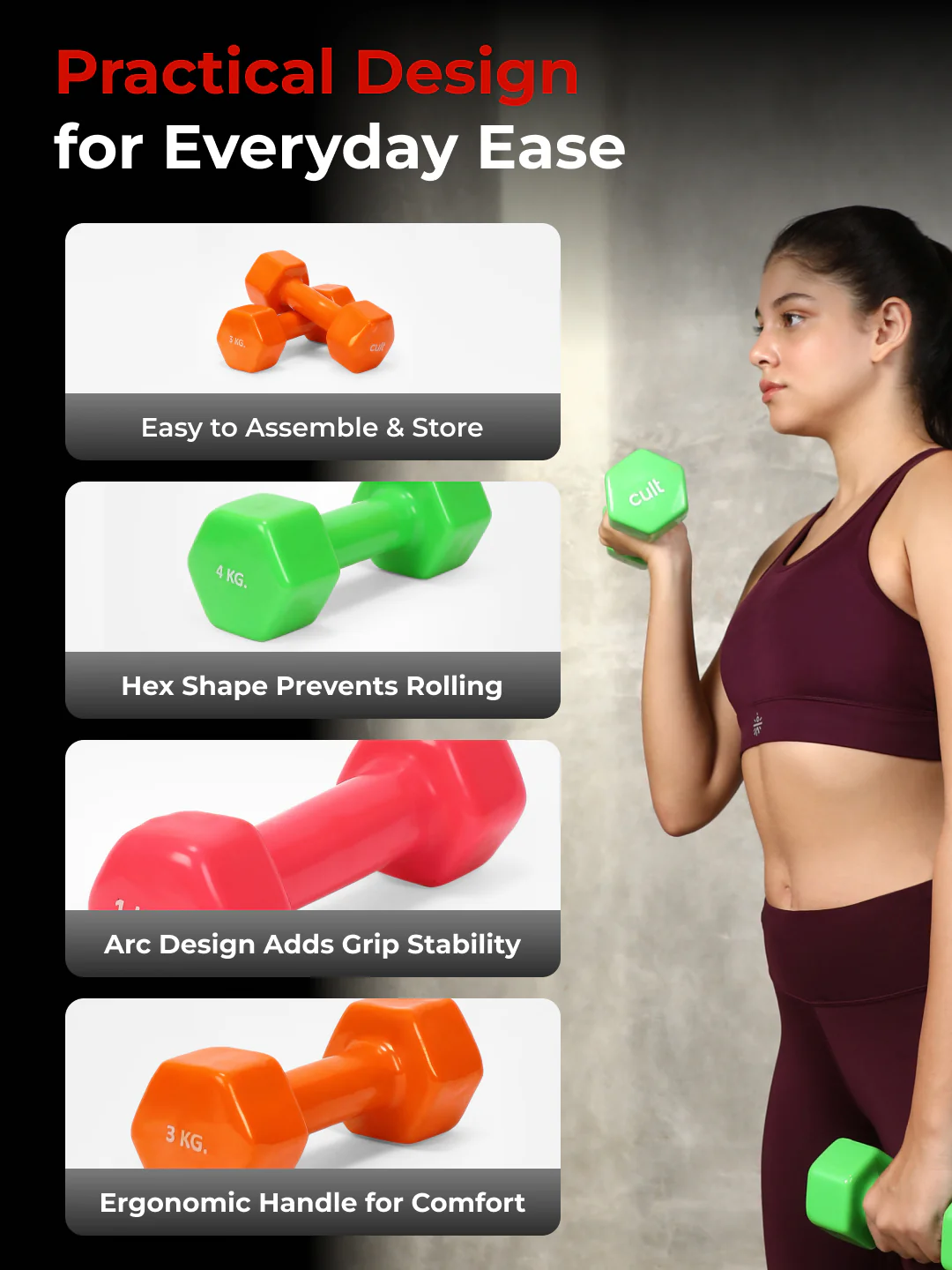 Cult Vinyl Dumbbells Combo for Home Gym Exercise (1kg + 3kg + 4kg Set) 16kg | Dumbbells with Rack - Image 7