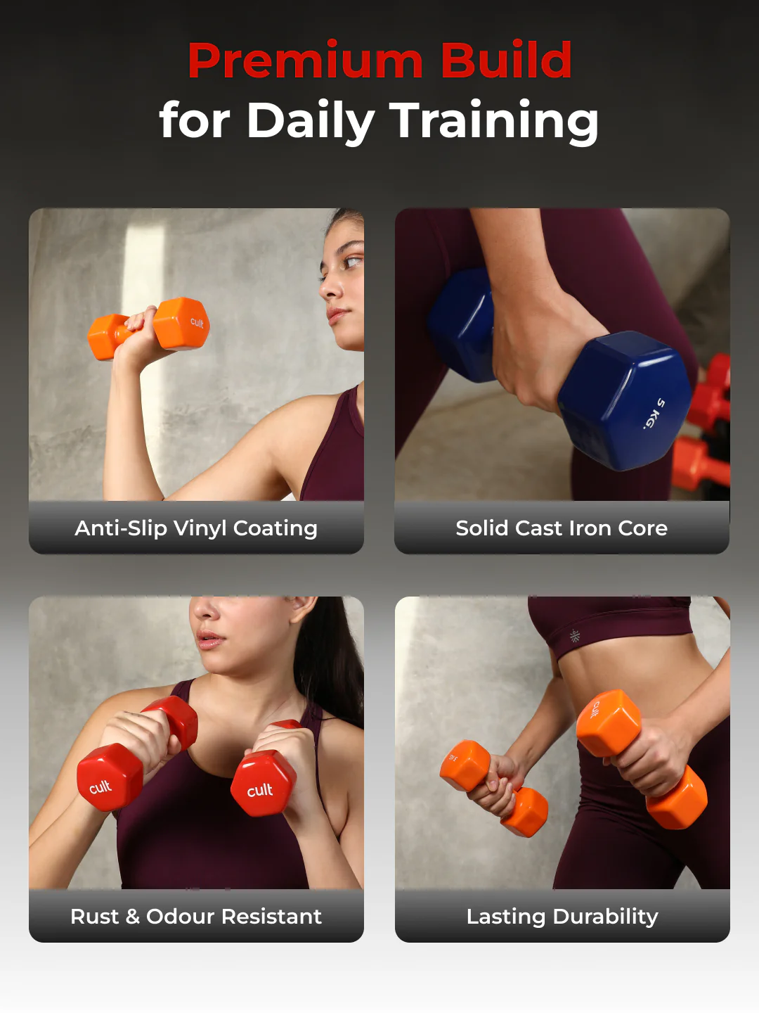Cult Vinyl Dumbbells Combo for Home Gym Exercise (2kg + 3kg + 5kg Set) 20kg | Dumbbells with Rack - Image 5