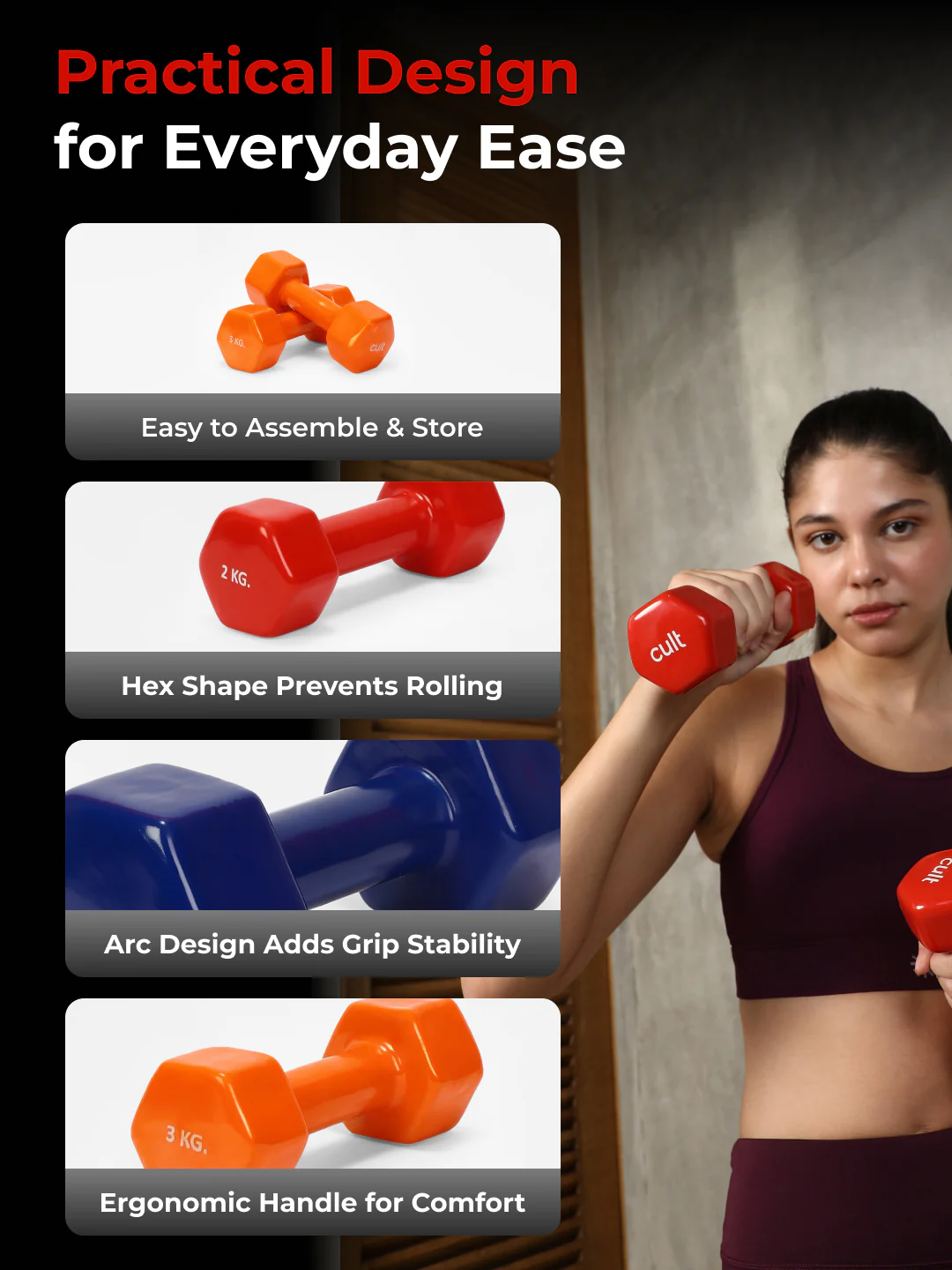 Cult Vinyl Dumbbells Combo for Home Gym Exercise (2kg + 3kg + 5kg Set) 20kg | Dumbbells with Rack - Image 6