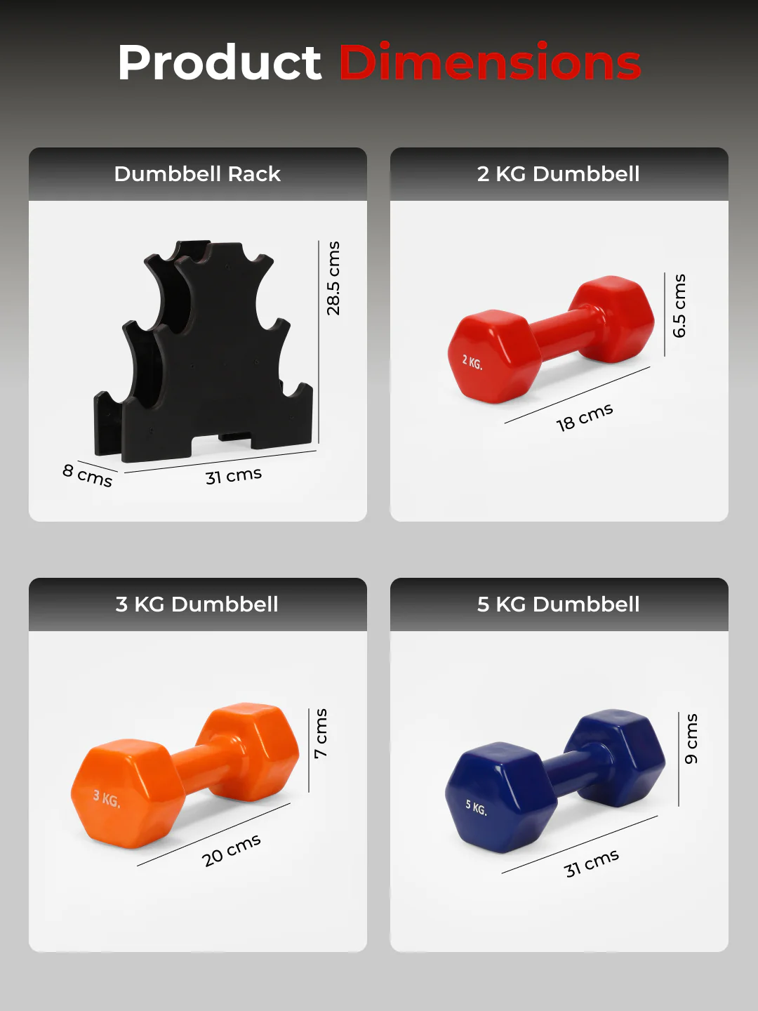 Cult Vinyl Dumbbells Combo for Home Gym Exercise (2kg + 3kg + 5kg Set) 20kg | Dumbbells with Rack - Image 8