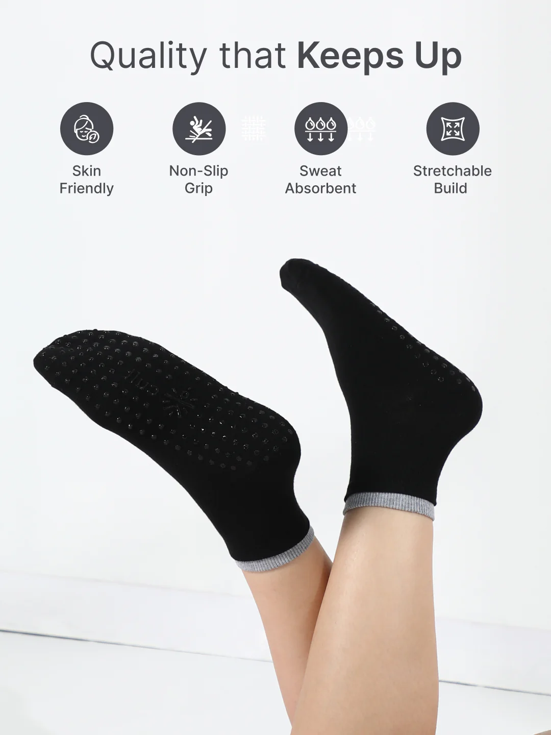 Yoga Anti-skid Ankle Length Pack of 2 Grey & Black Unisex Cotton Socks - Image 3