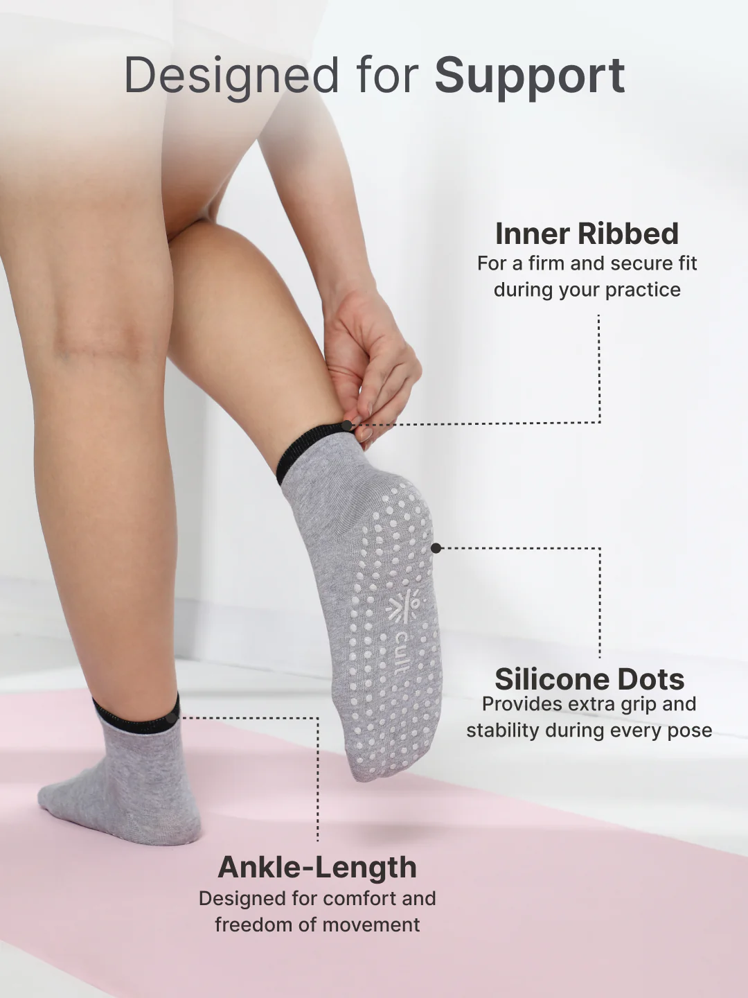 Yoga Anti-skid Ankle Length Pack of 2 Grey & Black Unisex Cotton Socks - Image 5