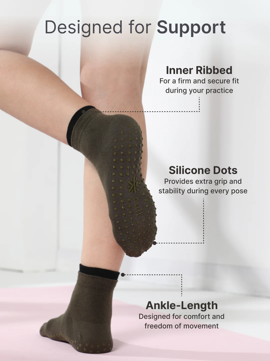 Yoga Anti-skid Ankle Length Pack of 2 Powder Blue & Olive Unisex Cotton Socks - Image 5