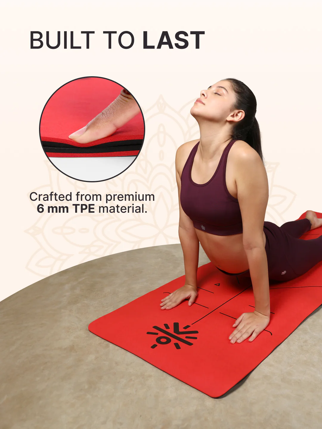 CULT Premium TPE Yoga Mat with Alignment Marks   6mm Thick Non-Slip Exercise & Pilates Mat for Men & Women, Eco-Friendly, Sweat-Resistant with Carry Strap - Red - Image 5