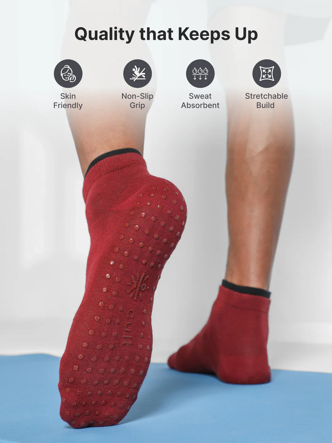 Yoga Anti-skid Ankle Length Pack of 2 Blue & Maroon Unisex Cotton Socks - Image 3
