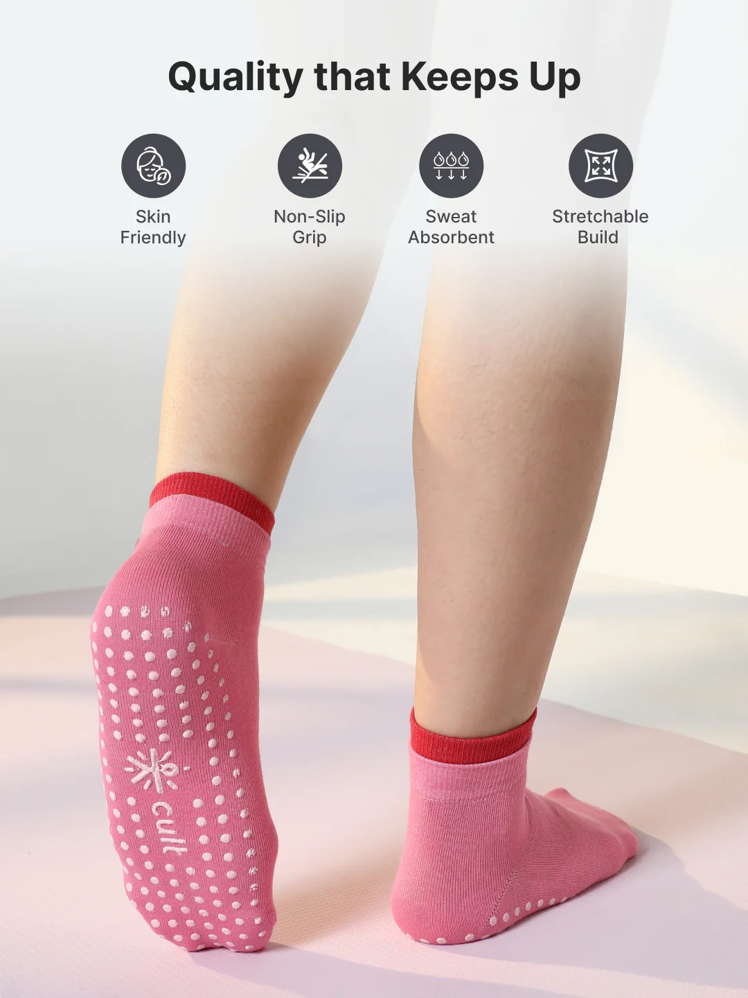 Yoga Anti-skid Ankle Length Pack of 2 Blush & Pink Unisex Cotton Socks - Image 3