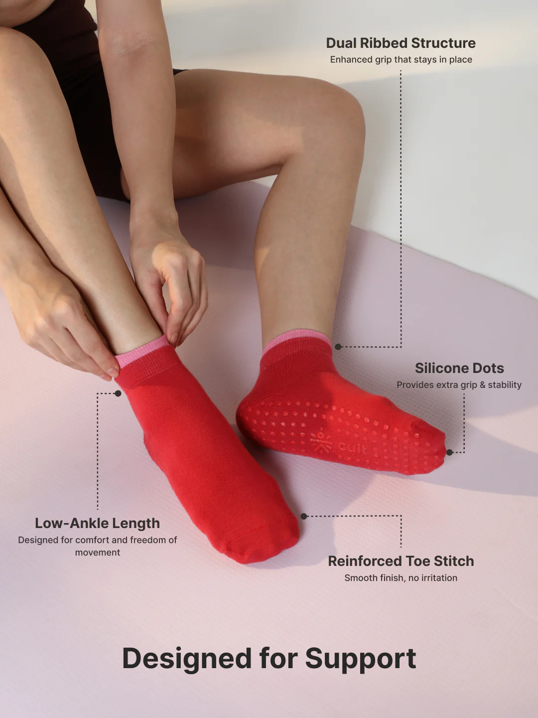 Yoga Anti-skid Ankle Length Pack of 2 Blush & Pink Unisex Cotton Socks - Image 5