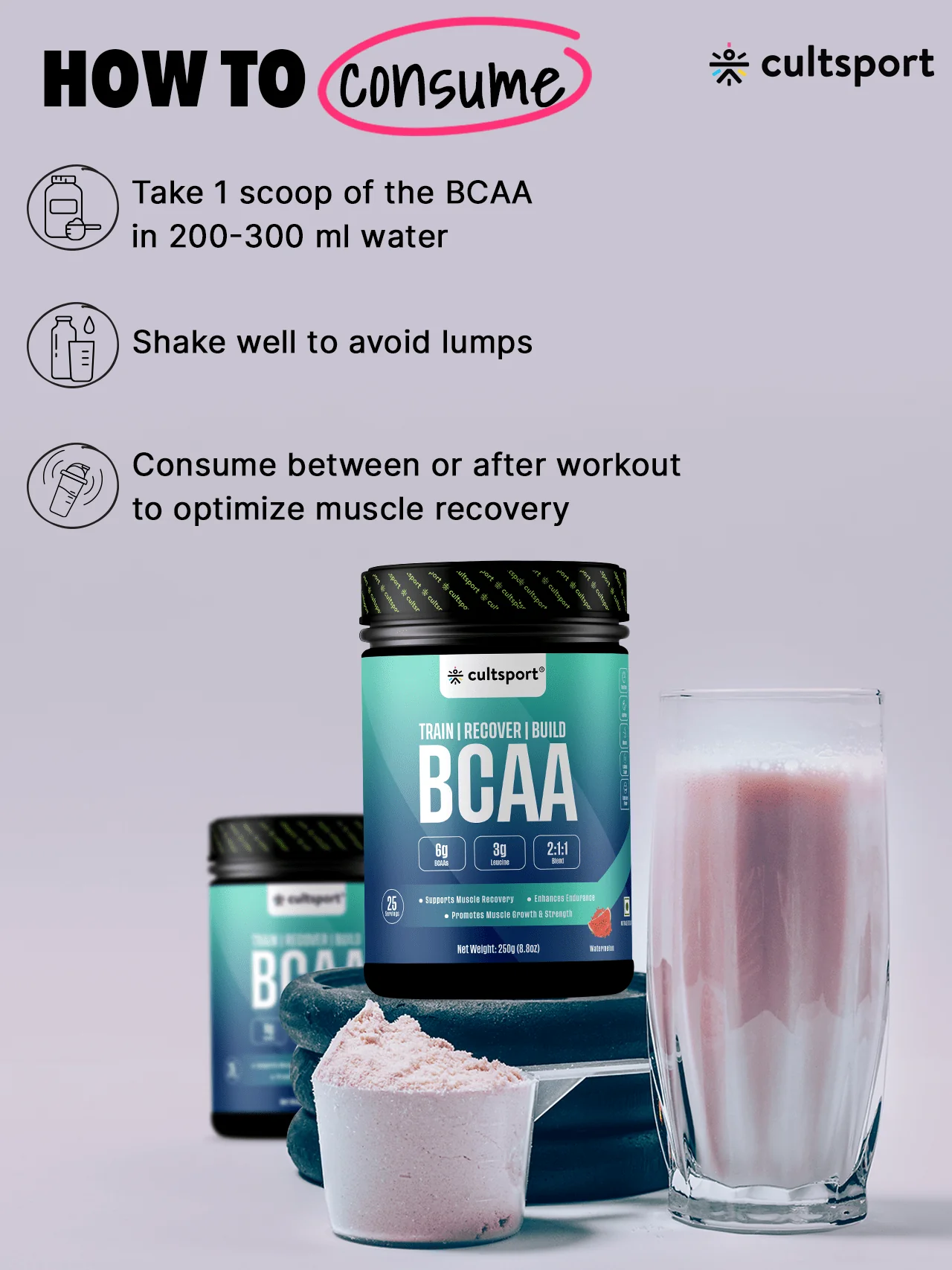 BCAA Powder, 300g | Sugar Free (Intra & Post Workout Drink) Muscle Recovery with Amino Acids | 6g BCAAs for Men & Women | Watermelon Flavor | 10 g serving - Image 6