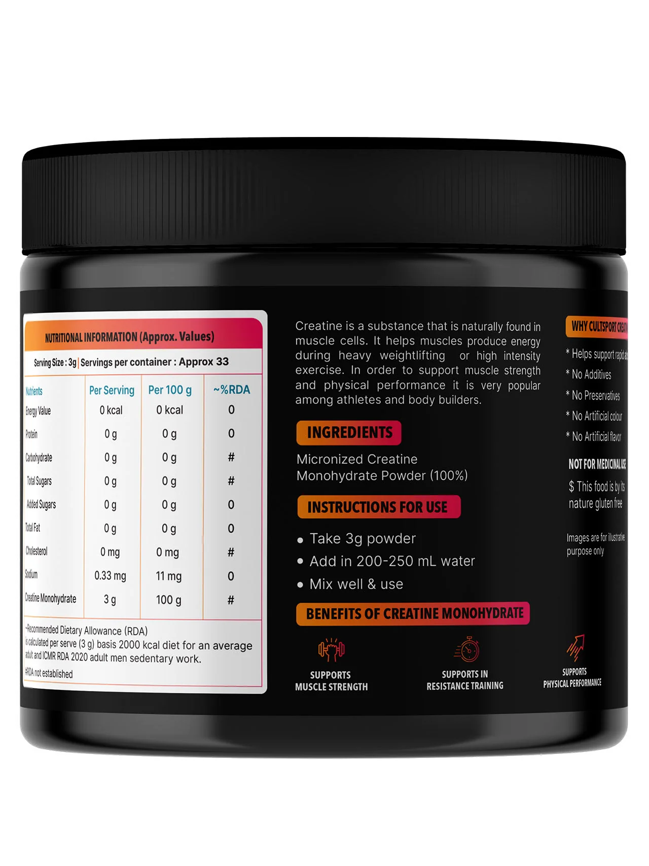 Cultsport Creatine Monohydrate  100 g | Micronised | 100% Vegetarian | Unflavoured |  Dairy-Free | Gluten-Free - Image 3