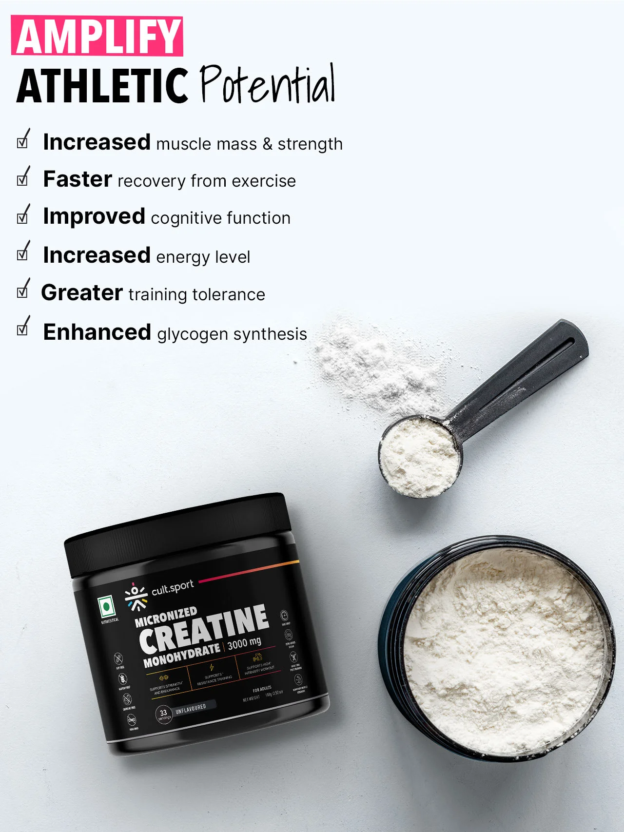 Cultsport Creatine Monohydrate  100 g | Micronised | 100% Vegetarian | Unflavoured |  Dairy-Free | Gluten-Free - Image 4