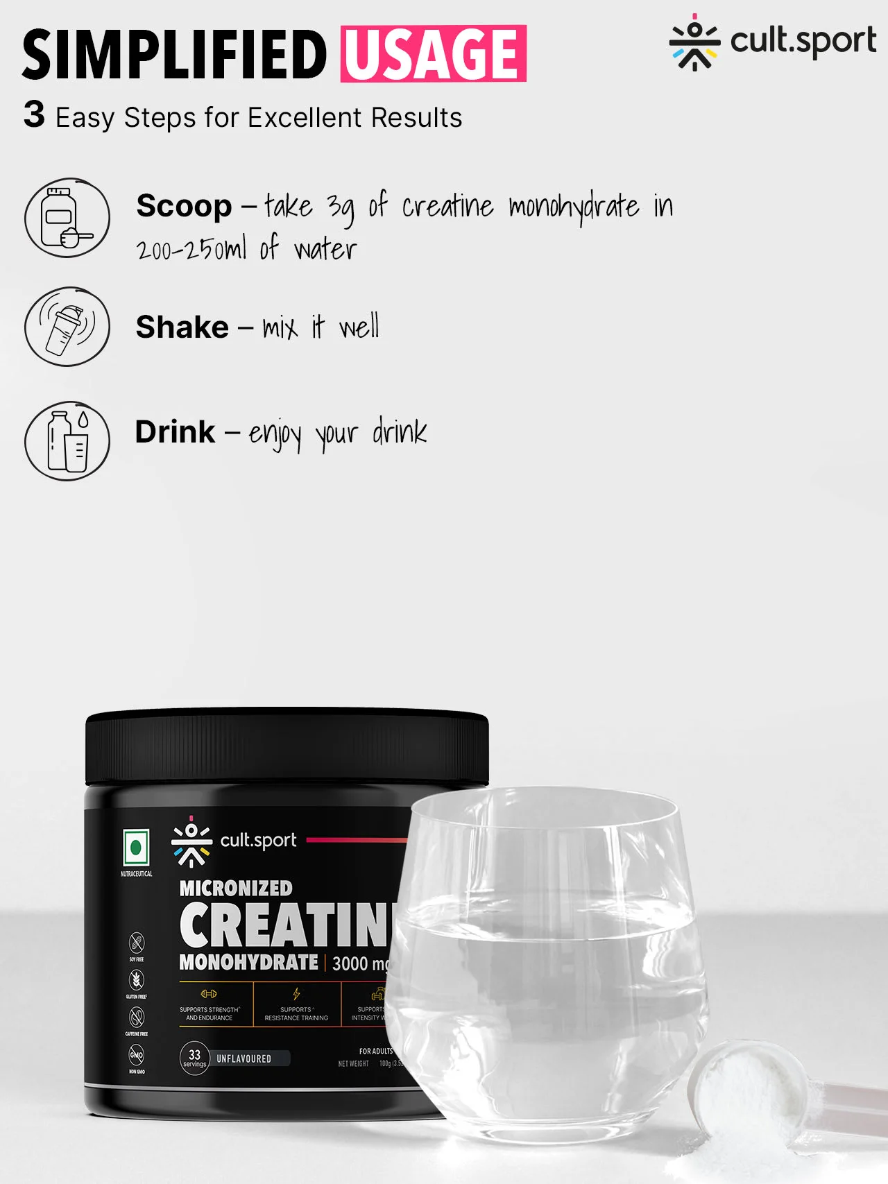 Cultsport Creatine Monohydrate  100 g | Micronised | 100% Vegetarian | Unflavoured |  Dairy-Free | Gluten-Free - Image 7