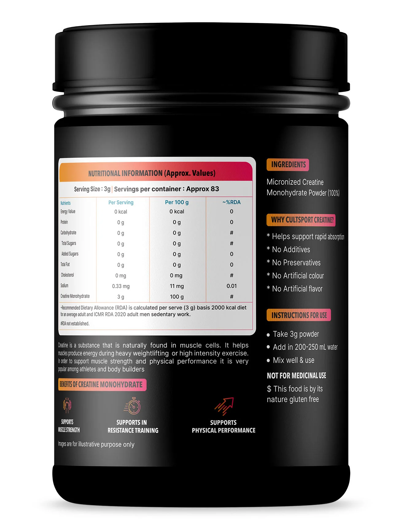 Cultsport Creatine Monohydrate  250 g | Micronised | 100% Vegetarian | Unflavoured |  Dairy-Free | Gluten-Free - Image 2