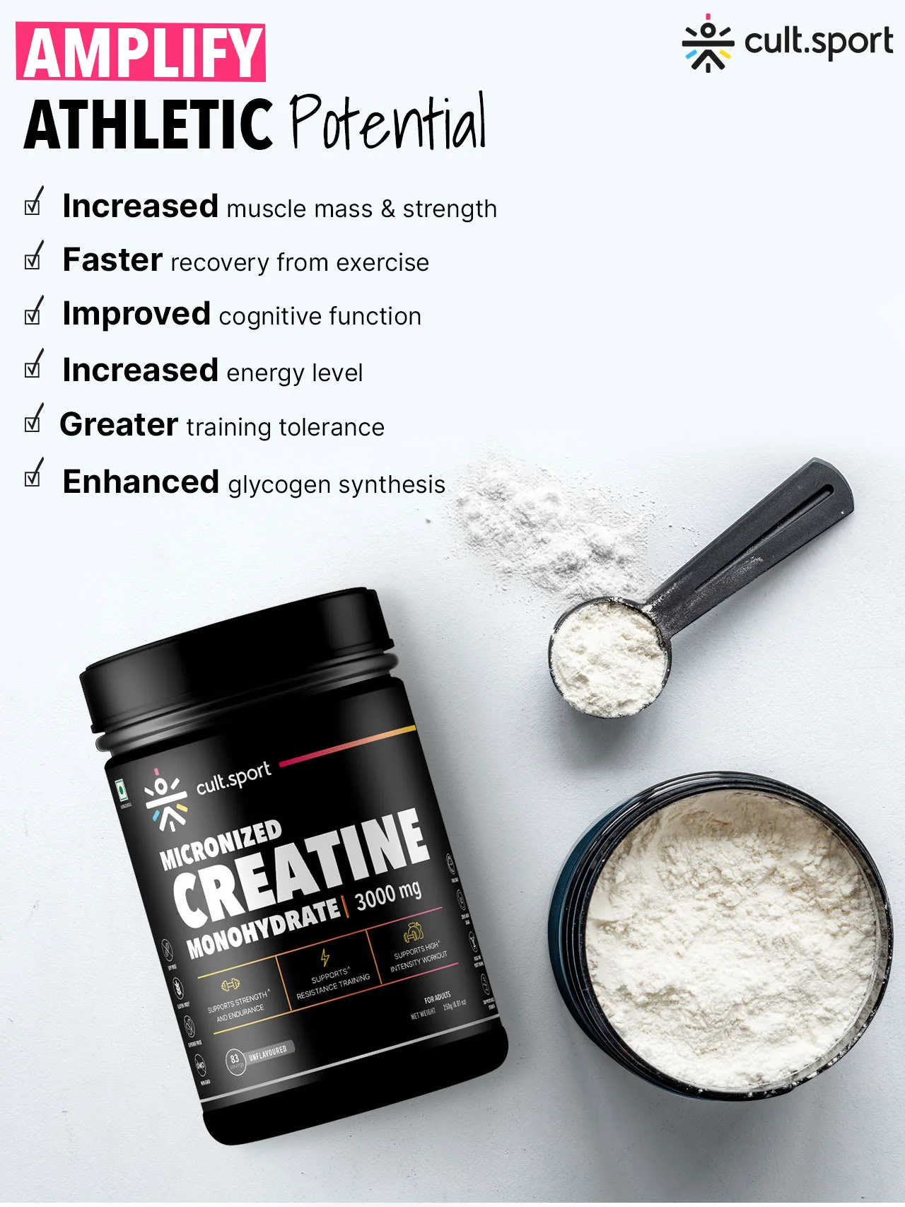 Cultsport Creatine Monohydrate  250 g | Micronised | 100% Vegetarian | Unflavoured |  Dairy-Free | Gluten-Free - Image 5