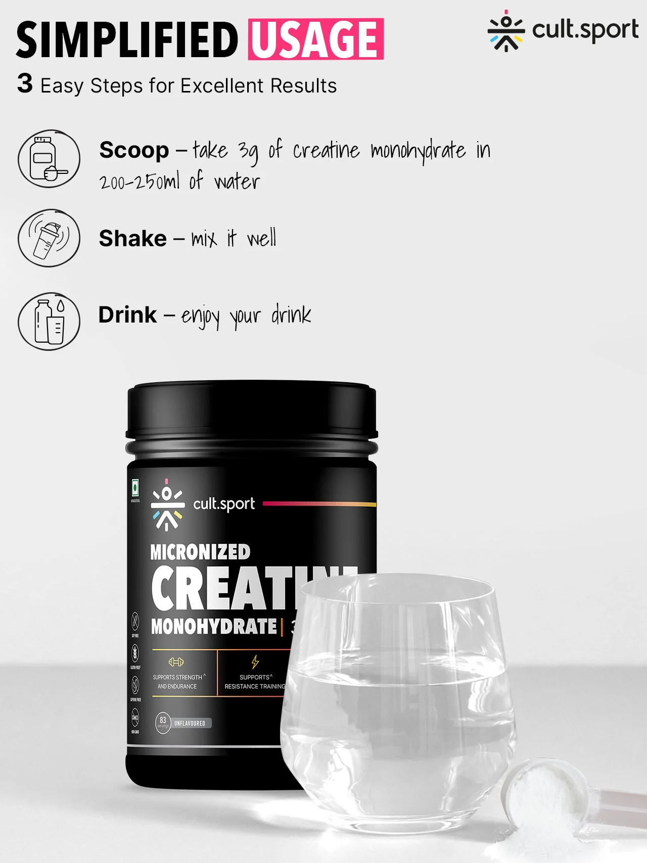 Cultsport Creatine Monohydrate  250 g | Micronised | 100% Vegetarian | Unflavoured |  Dairy-Free | Gluten-Free - Image 7