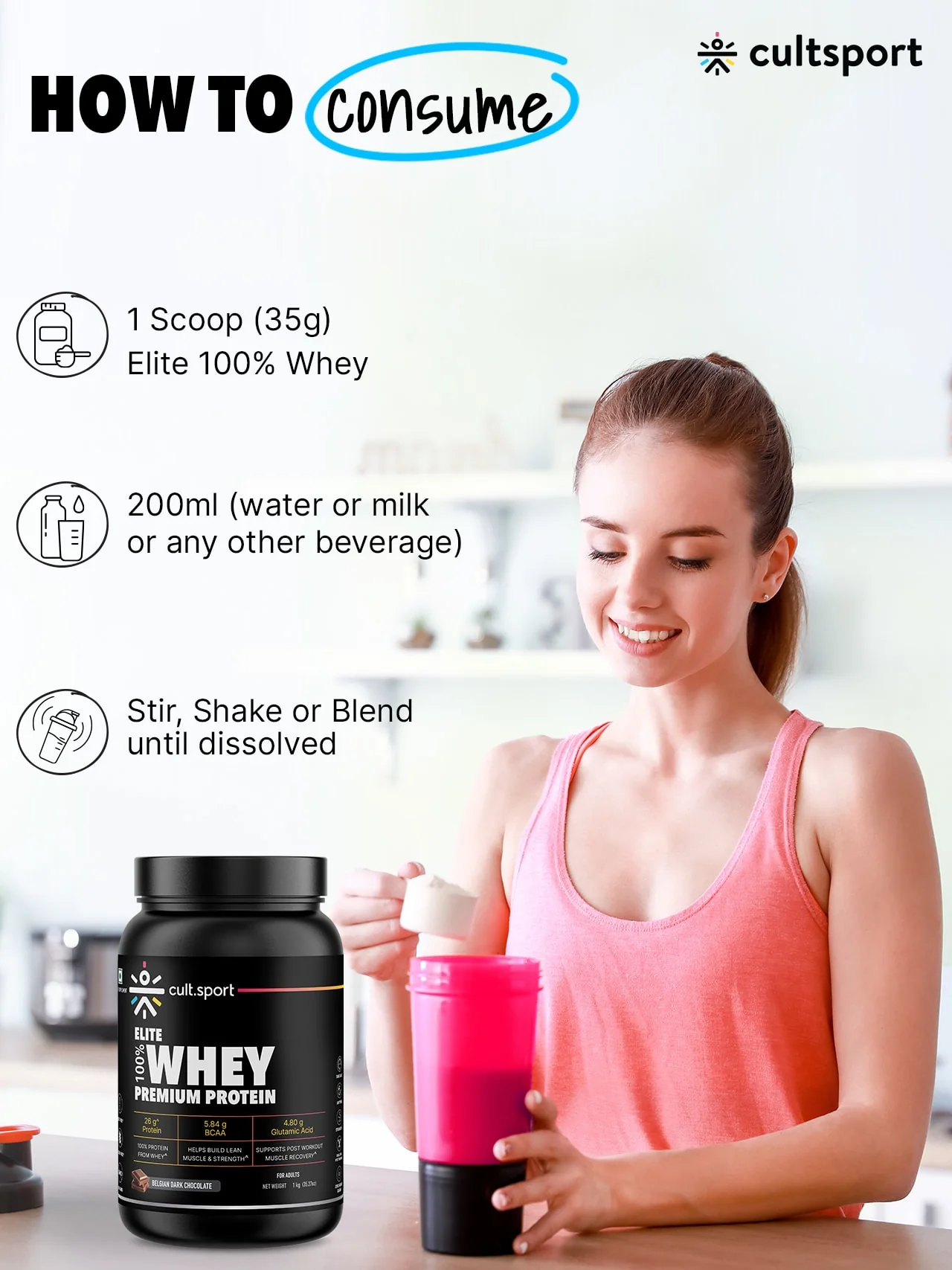 100% Whey Protein Premium Protein - 1kg | Sugar free | Protein Powder for Men & Women for Muscle Support & Recovery | 25g Protein Per Serving | 2.5g BCAA, 3.9g Glutamic acid | Belgium Dark Chocolate - Image 4
