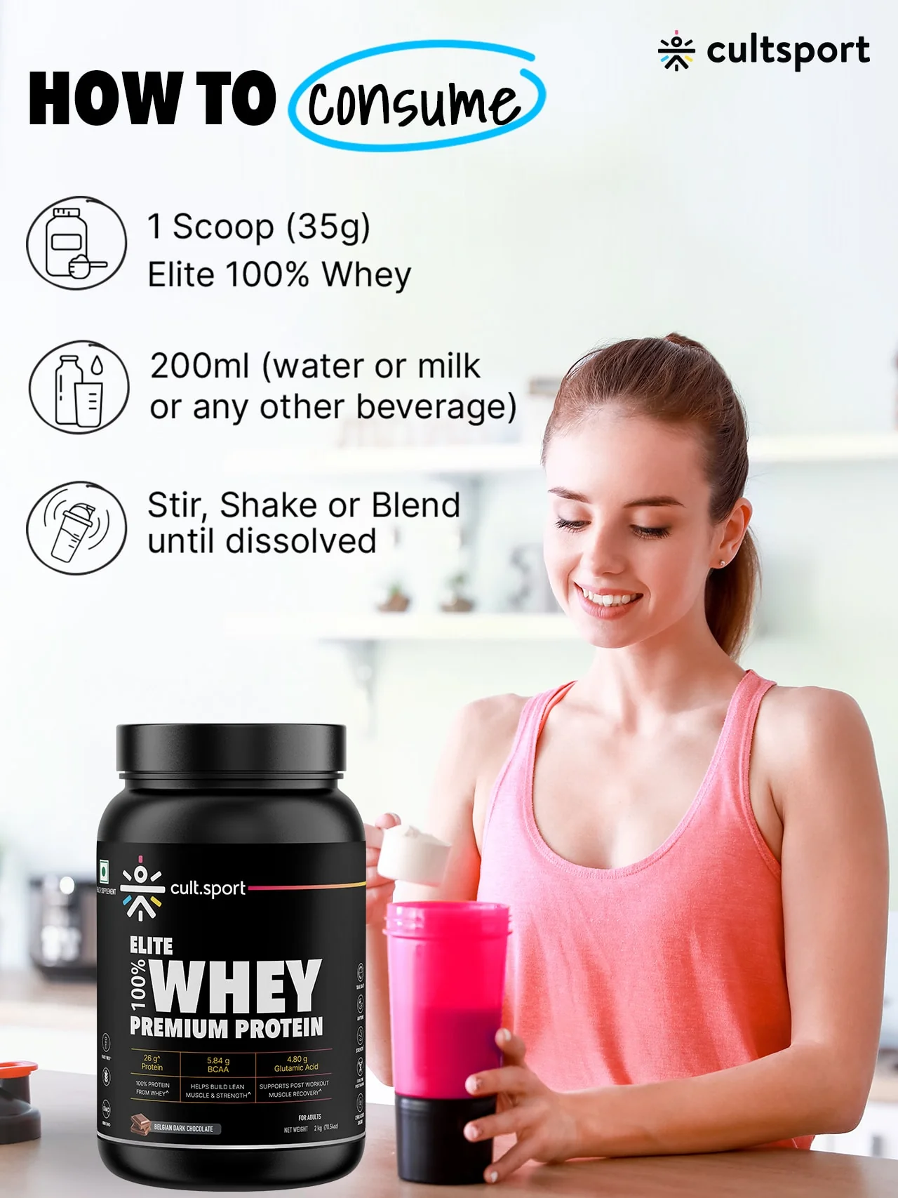 100% Whey Protein Premium Protein - 2kg | Sugar free | Protein Powder for Men & Women for Muscle Support & Recovery | 25g Protein Per Serving | 2.5g BCAA, 3.9g Glutamic acid | Belgium Dark Chocolate - Image 5