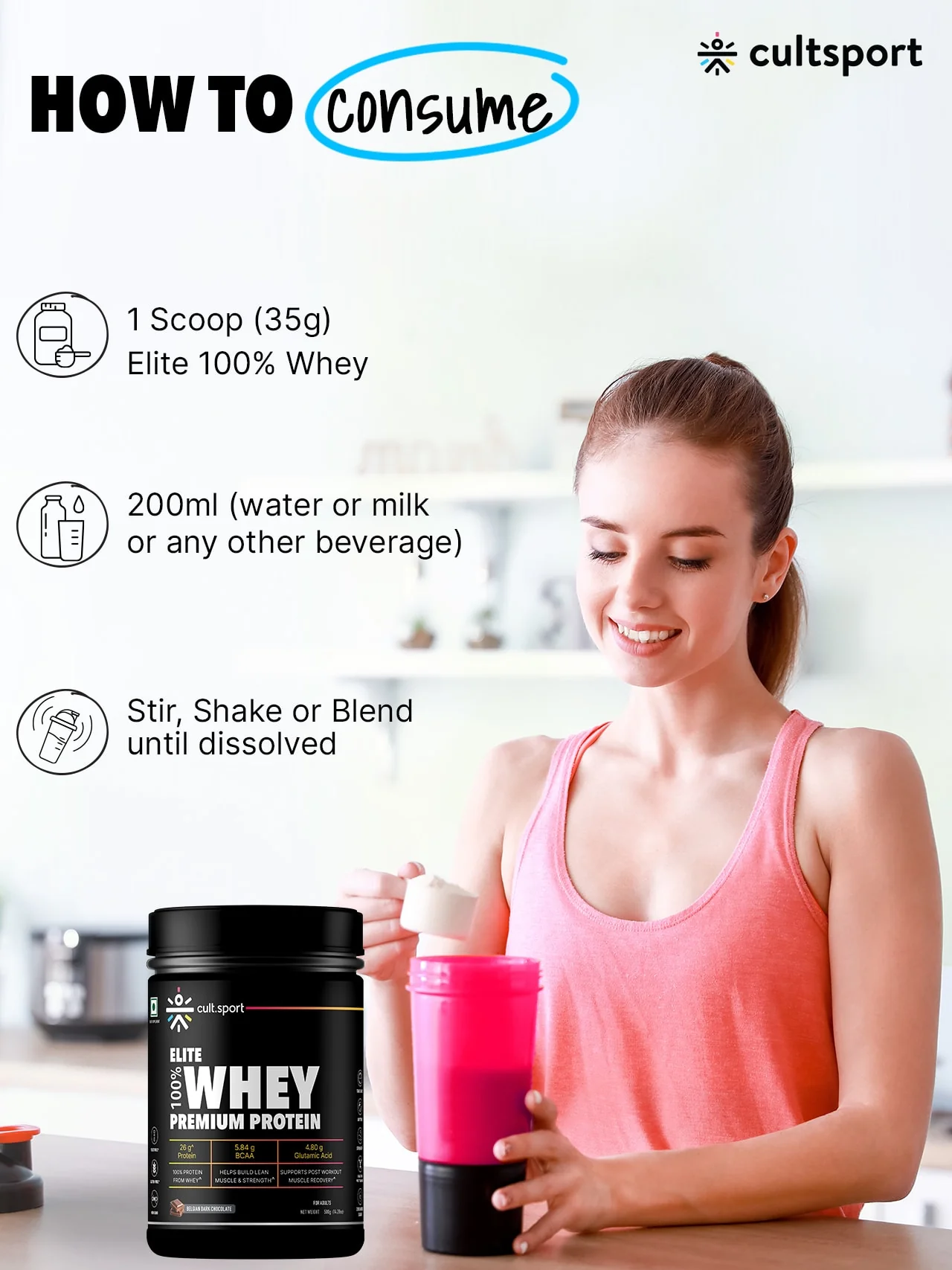 100% Whey Protein Premium Protein - 500g | Sugar free | Protein Powder for Men & Women for Muscle Support & Recovery | 25g Protein Per Serving | 2.5g BCAA, 3.9g Glutamic acid | Belgium Dark Chocolate - Image 5