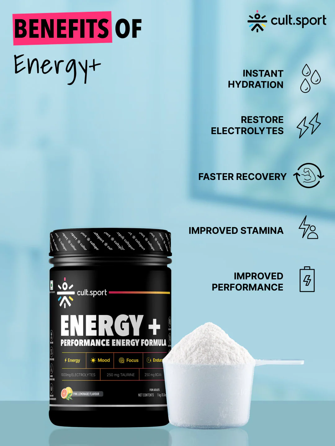 Energy + Powder 1Kg | 1000 mg Electrolytes, 250 mg Taurine, 250 mg BCAA | Instant Hydration, restore electrolytes with 0 cholesterol | Pink Lemonade Flavour - Image 2