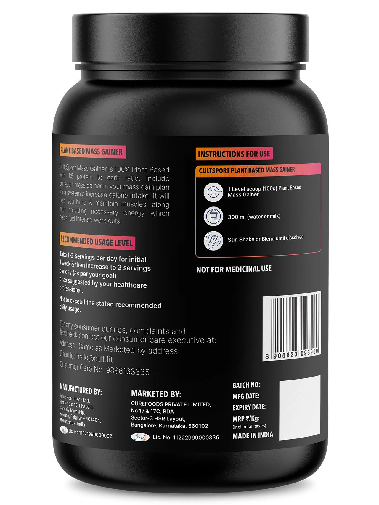 Cultsport Plant-Based Mass Gainer | Triple Chocolate Flavour | Gluten-Free | Cholesterol-Free - Image 2