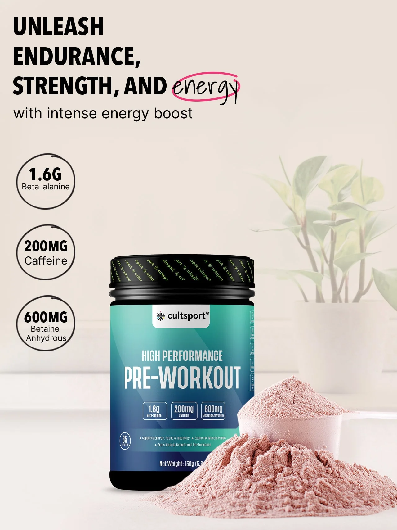 High Performance Pre Workout Powder, 150g | Sugar Free | Sustained Energy Releaseing Blend for Men & Women (Caffeine+Beta Alanine+Creatine Monohydrate), 35 Servings Watermelon Falvour - Image 4
