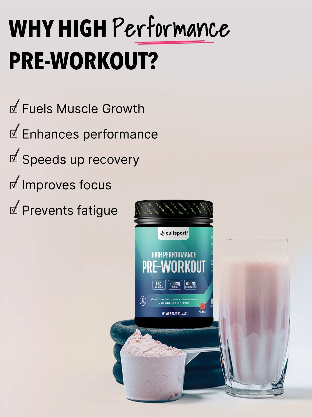 High Performance Pre Workout Powder, 150g | Sugar Free | Sustained Energy Releaseing Blend for Men & Women (Caffeine+Beta Alanine+Creatine Monohydrate), 35 Servings Watermelon Falvour - Image 5