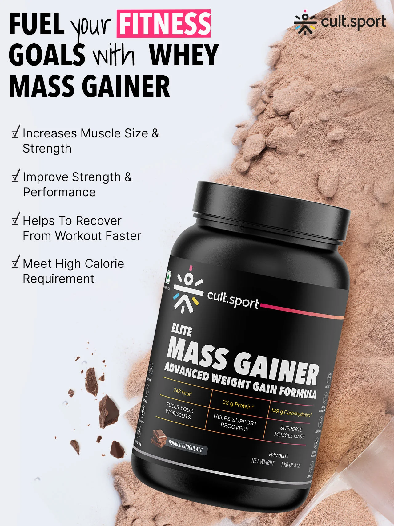 Cultsport Whey Mass Gainer | 20 Vital Vitamins & Minerals | Chocolate | Whey Protein Concentrate | Soy-Free | Gluten-Free | 0 Colesterol | Prebiotic Fiber - Image 6