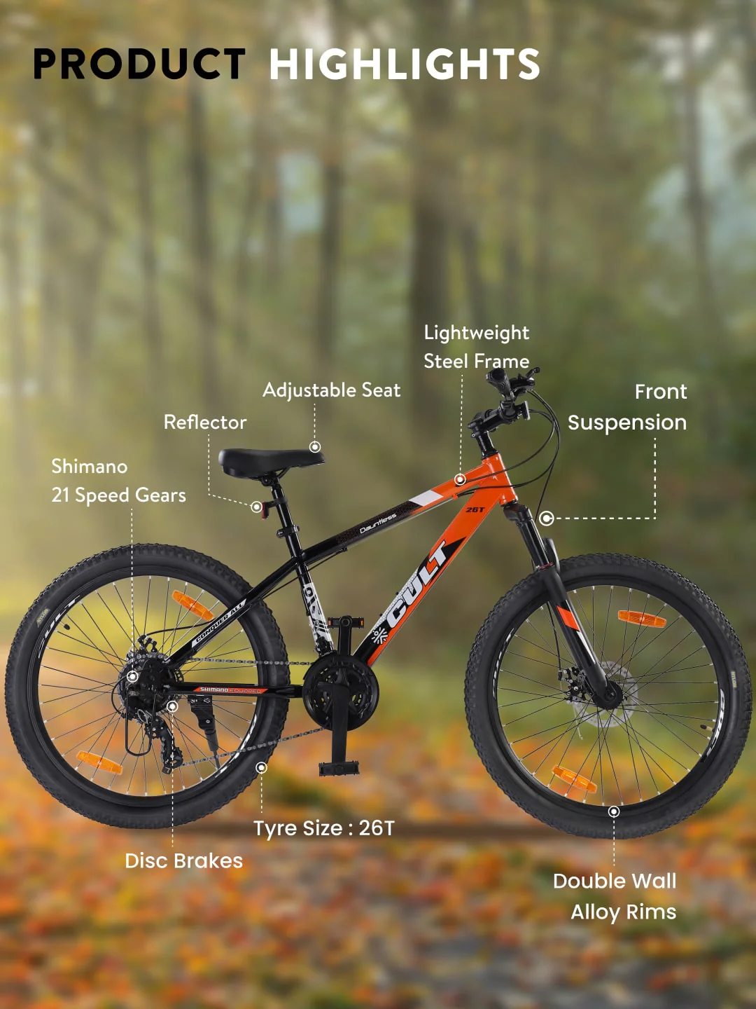 DAUNTLESS21S26TORANGEBLACK Steel 21 Speed Shimano Gear 26 inch Mountain Cycle, Dual Disc Brake, Front Suspension, Double Wall Rim - Image 2