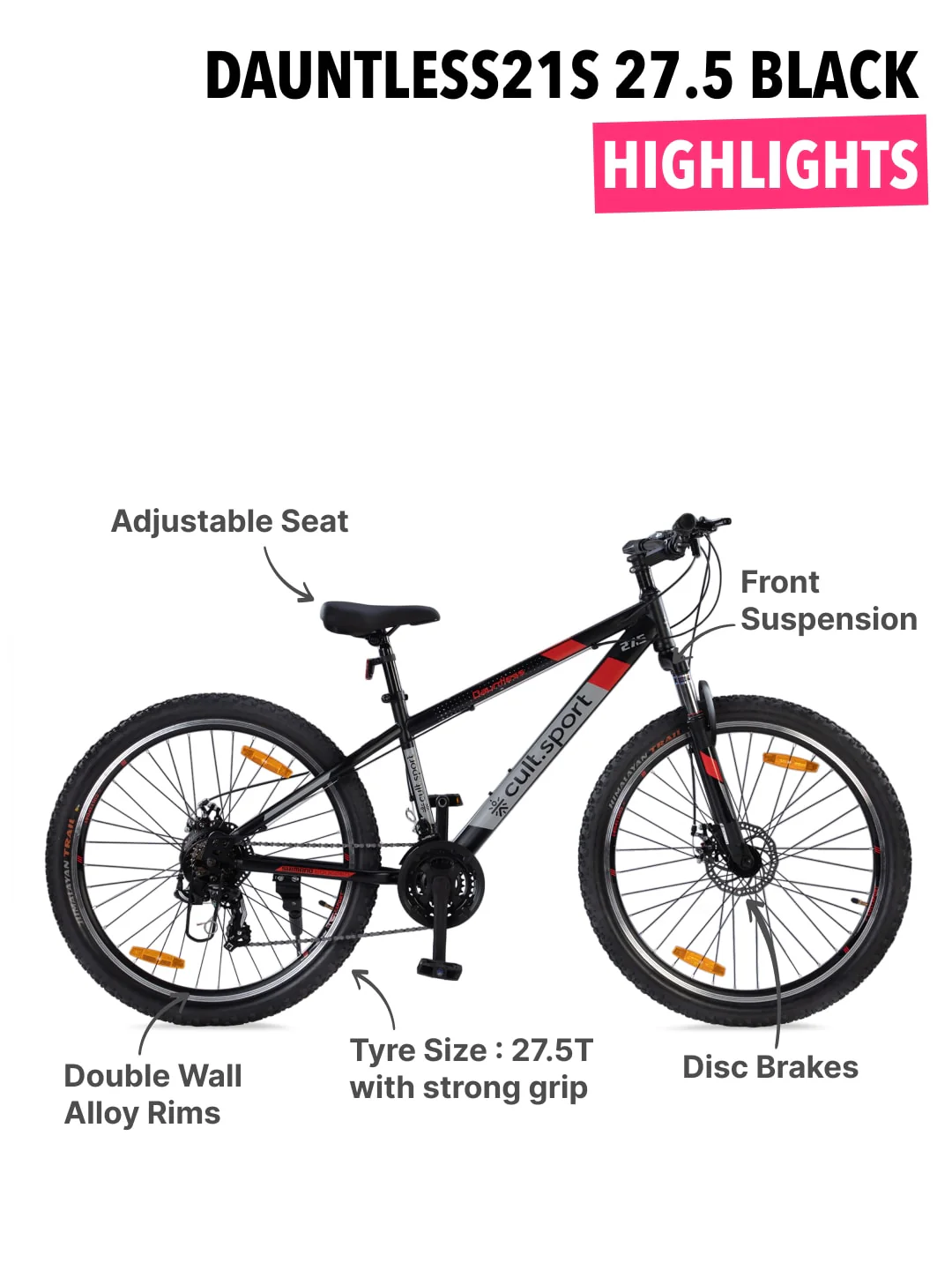 DAUNTLESS21S27.5TBLACK Steel 21 Speed Shimano Gear 27.5 inch Mountain Cycle, Dual Disc Brake, Front Suspension and Double Wall Rim - Image 3