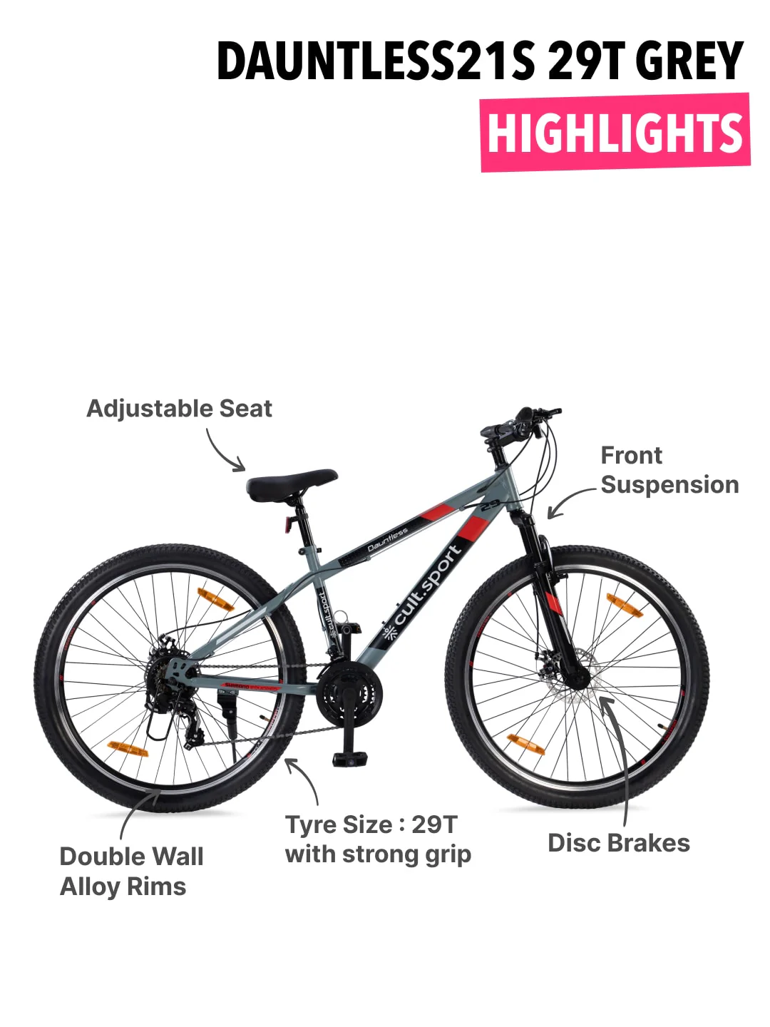 DAUNTLESS21S29TGREYSteel 21 Speed Shimano Gear 29 inch Mountain Cycle, Dual Disc Brake, Front Suspension and Double Wall Rim - Image 3